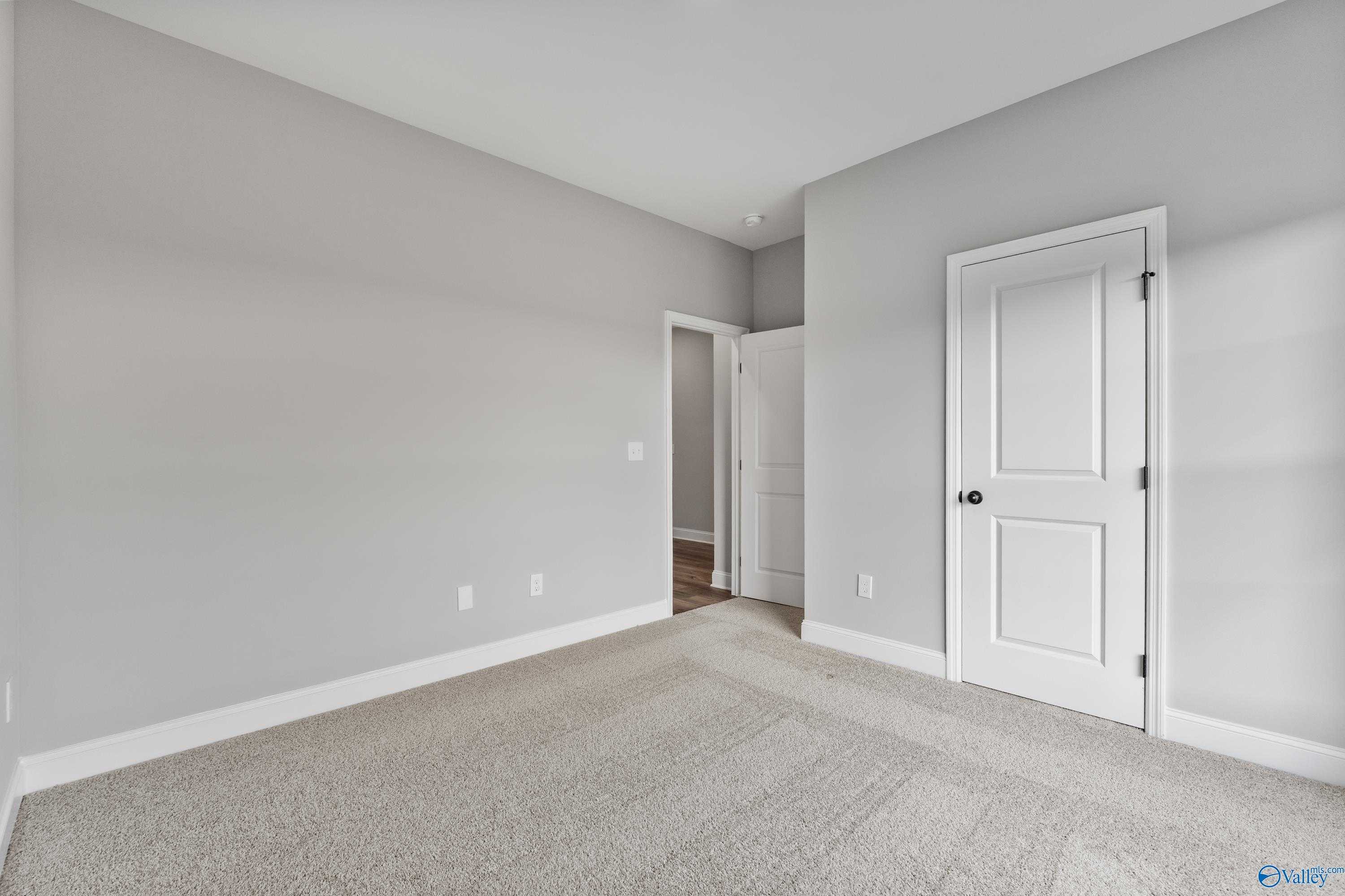 Empty bedroom featuring light gray walls, neutral carpet flooring, and white doors in Davidson Homes The Franklin B, Hazel Green, AL