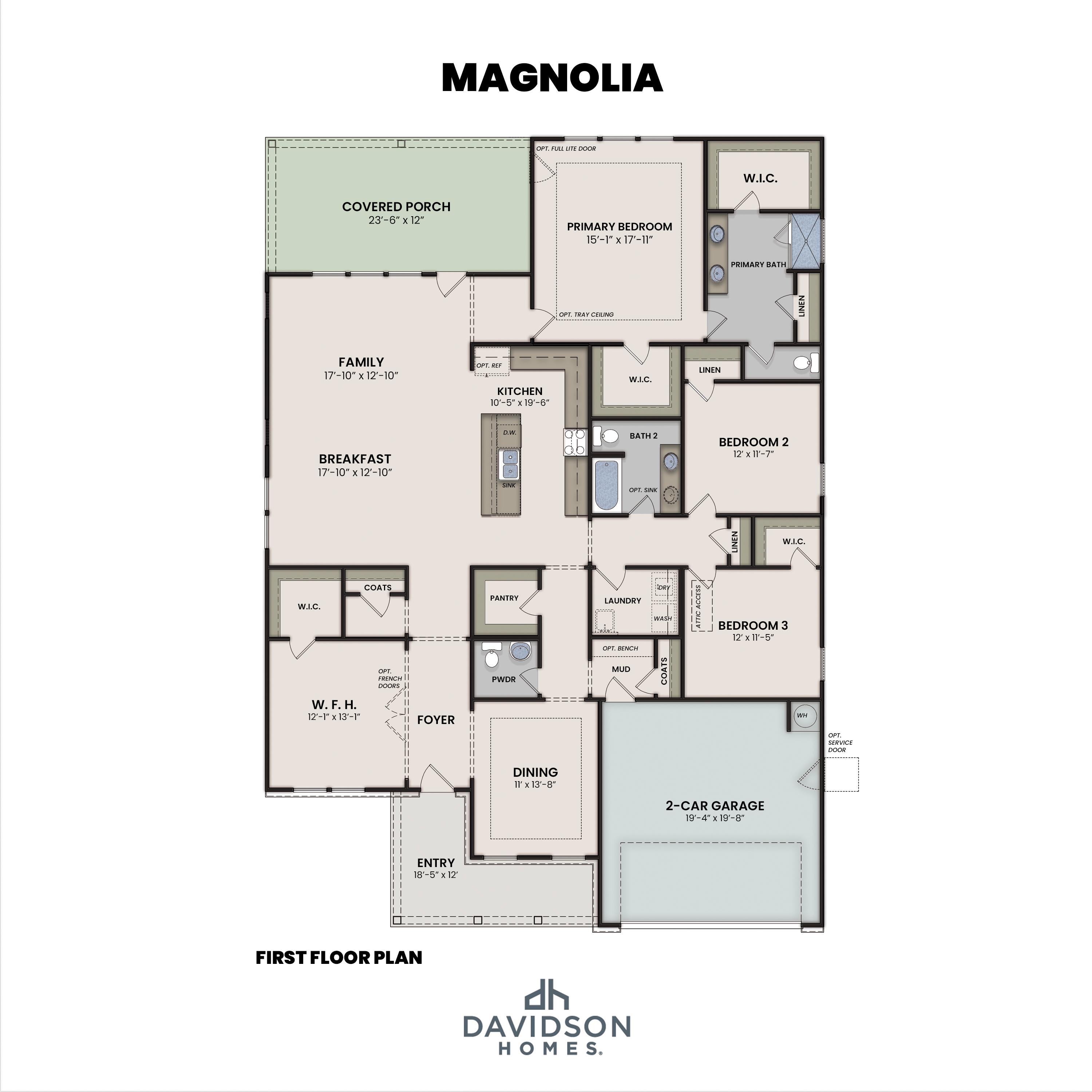 The Magnolia first floor plan: open-concept kitchen, dining, owners suite, 3-4 bedrooms, 2-car garage in Wendell NC