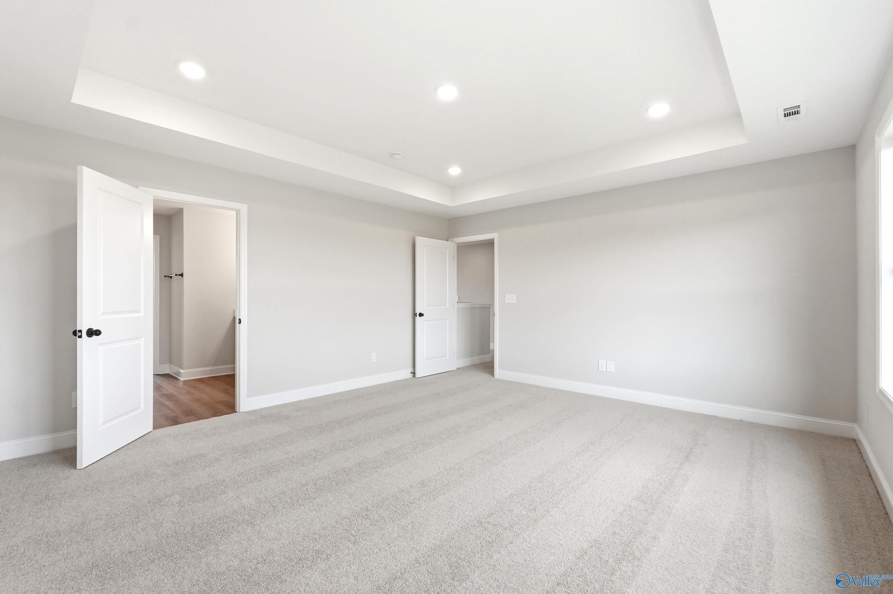 Spacious bedroom with tray ceiling and plush carpet in The Shelby A floor plan by Davidson Homes, Hazel Green, Alabama.