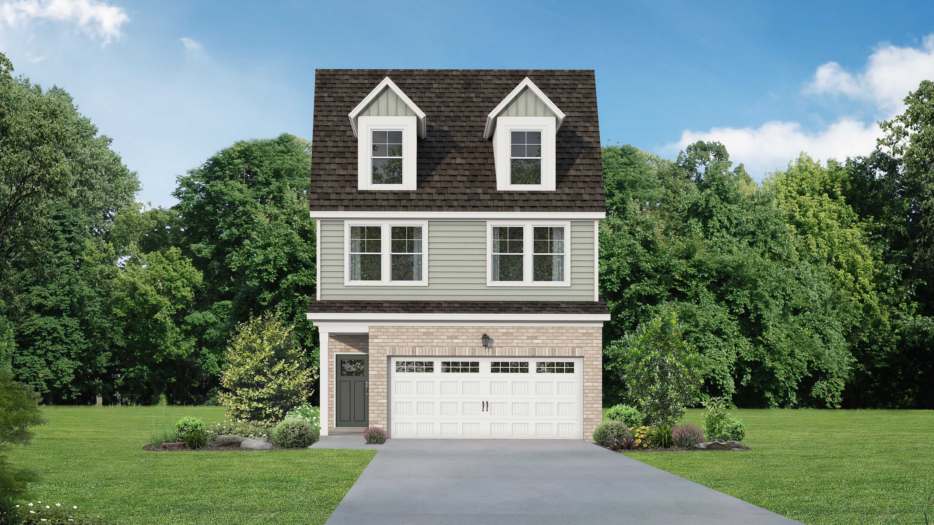 Two-story Durham E home with gabled roof, brick accents, 2-car garage, and lush green yard in Lake Park Villas, Wylie, Texas