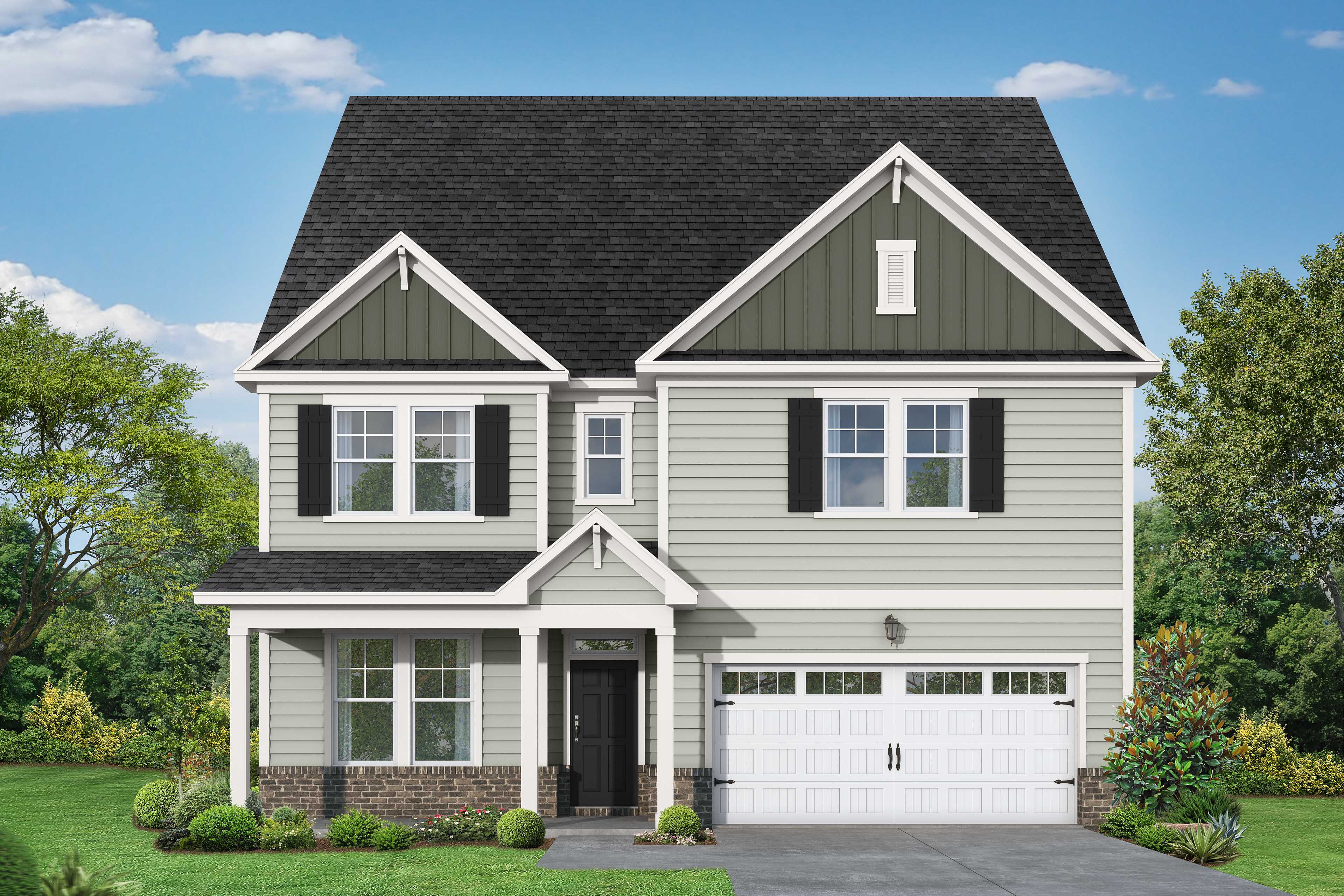 Two-story The Beech home elevation by Davidson Homes featuring gray siding, gabled roof, front porch, and two-car garage in Raleigh NC