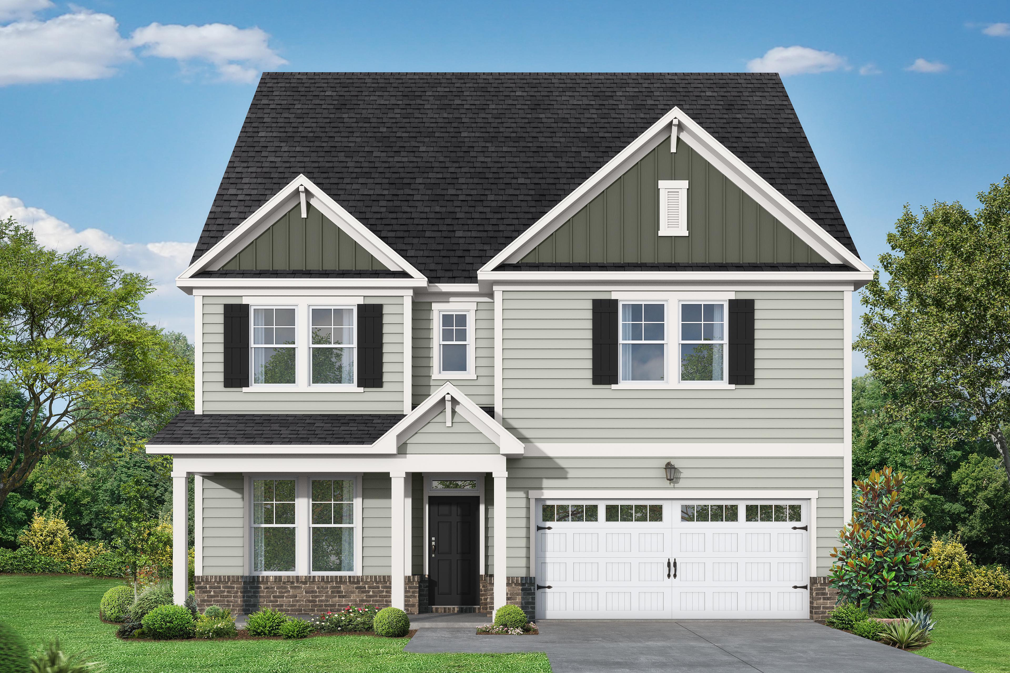 Beech A two-story craftsman home elevation with gray siding, gabled roof, covered porch, two-car garage, and lush landscaping in Belmont NC