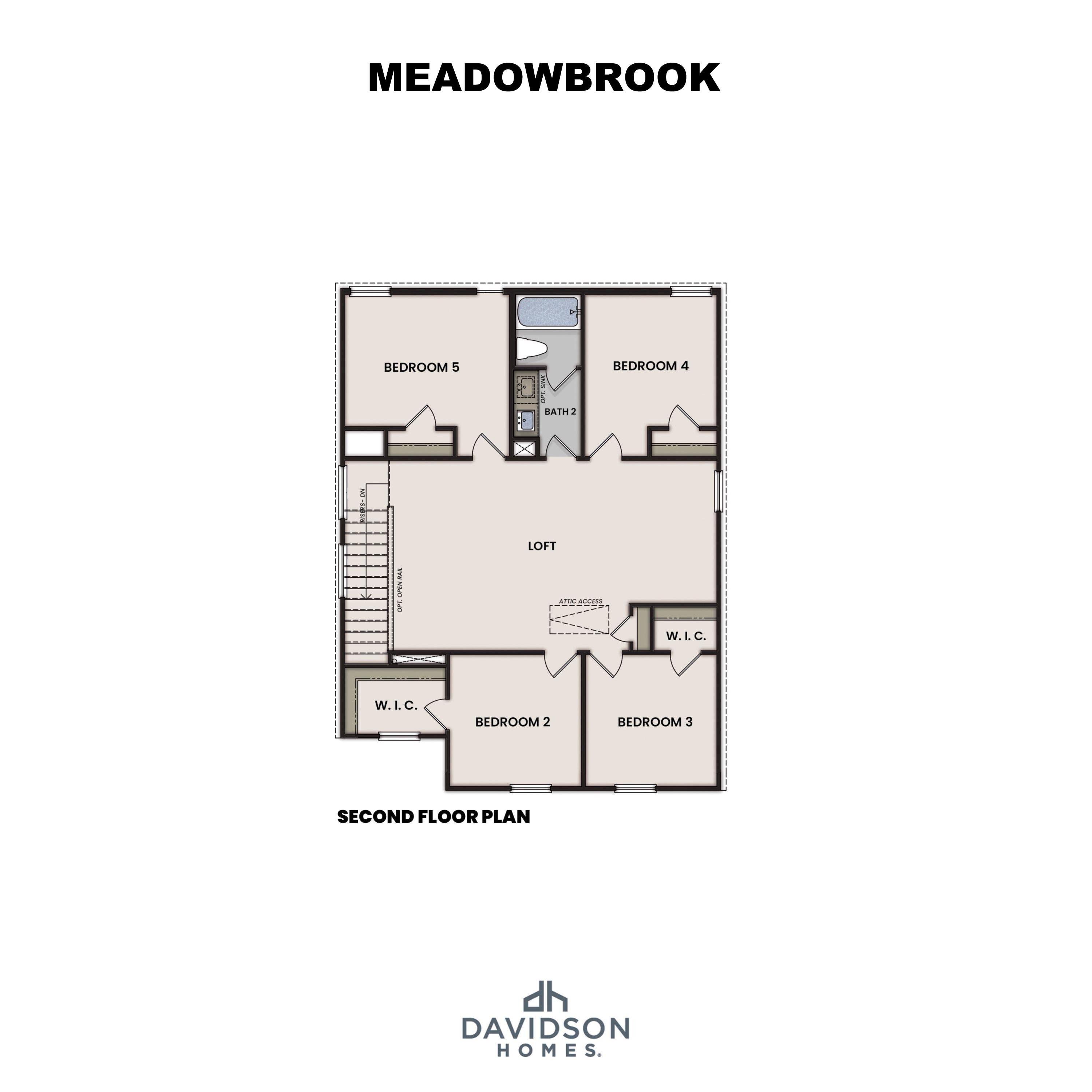 Second floor layout of The Meadowbrook featuring central loft, bedrooms 2-4, full bath, and WIC in Davidson Homes design