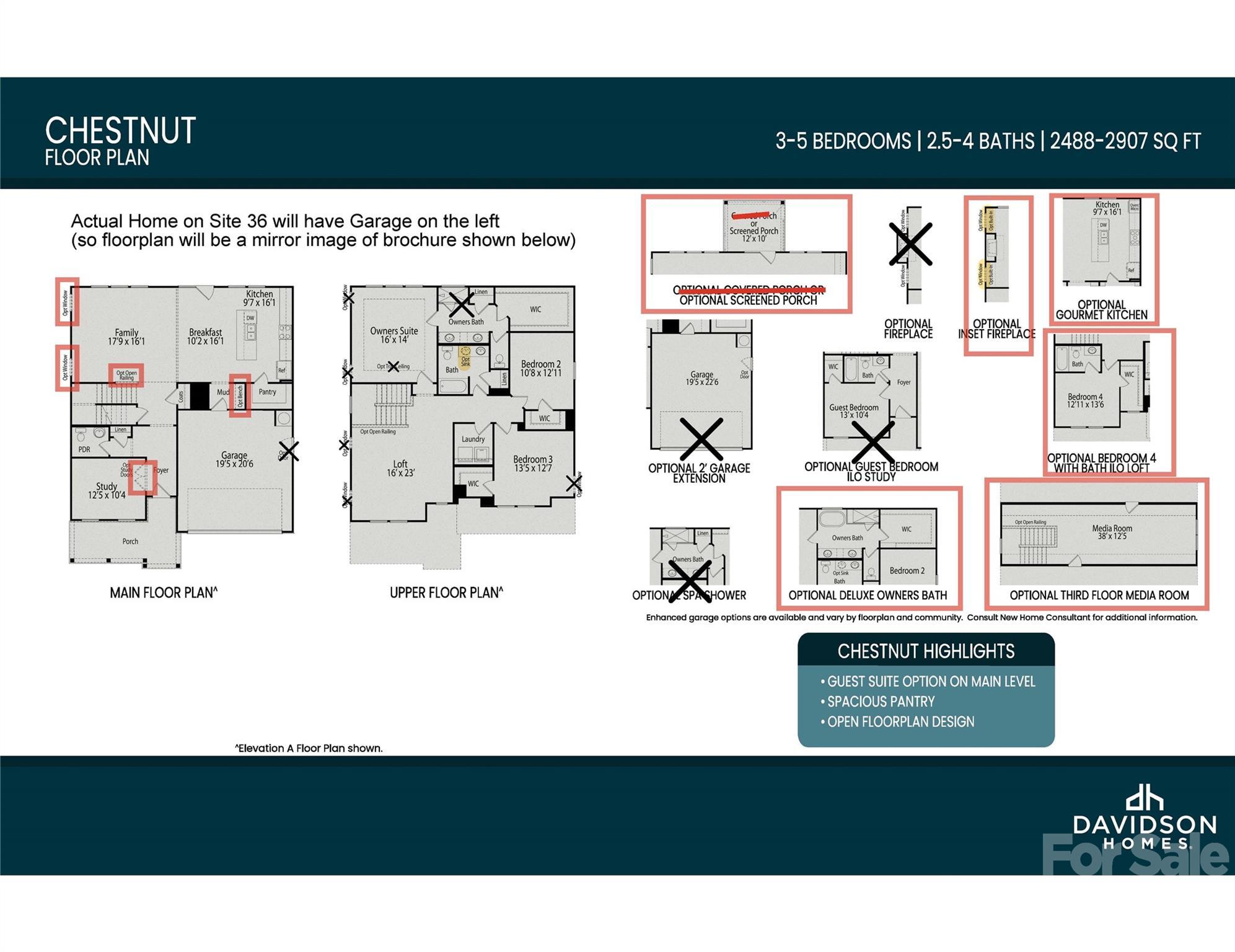 Detailed floor plans of The Chestnut D: 4-bed, 3.5-bath, 2,907 sq ft 3-story home with 2-car garage by Davidson Homes in Enclave at Belmont, NC