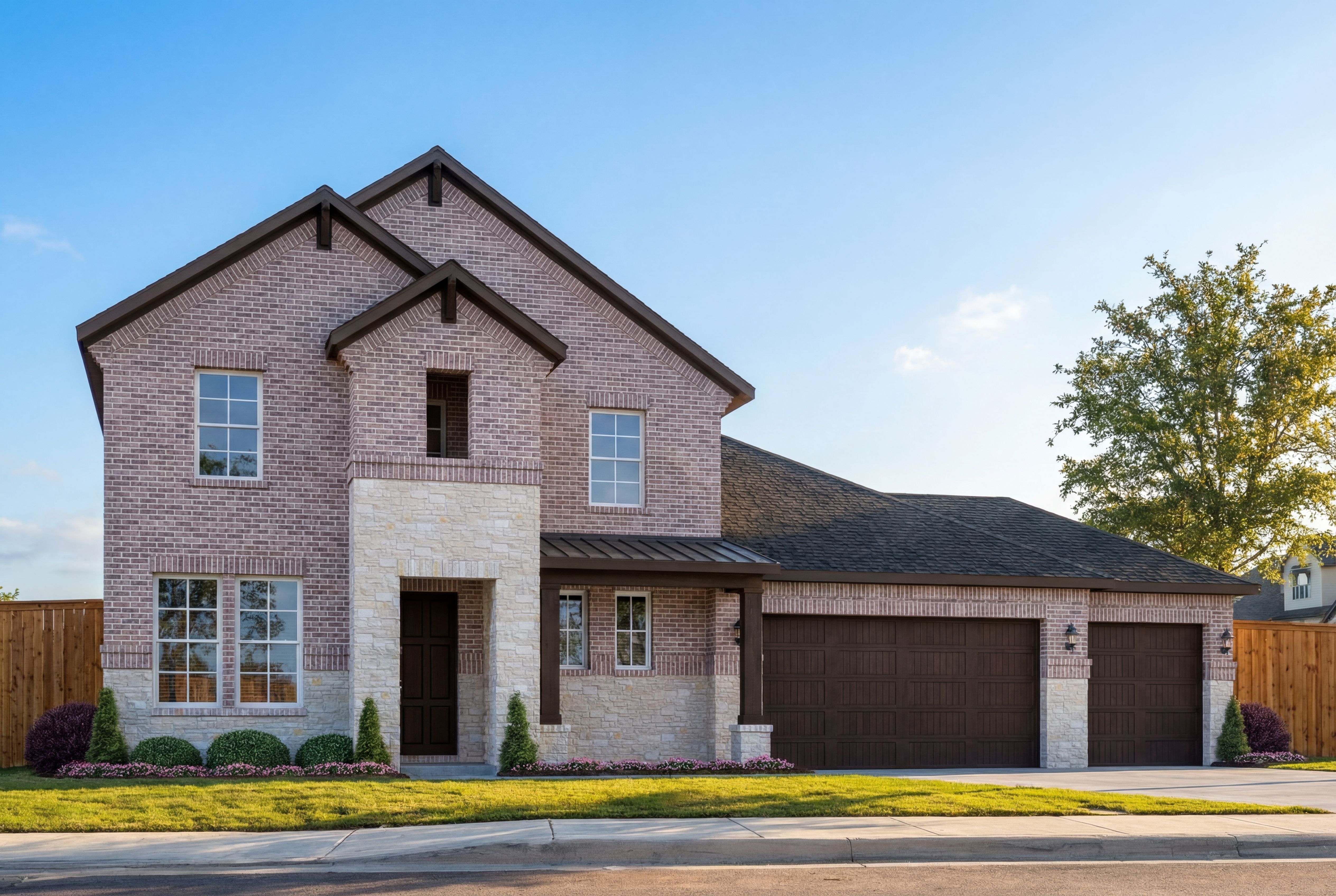 Two-story The Philip C elevation with brick and stone facade, three-car garage, and manicured lawn in Texas City