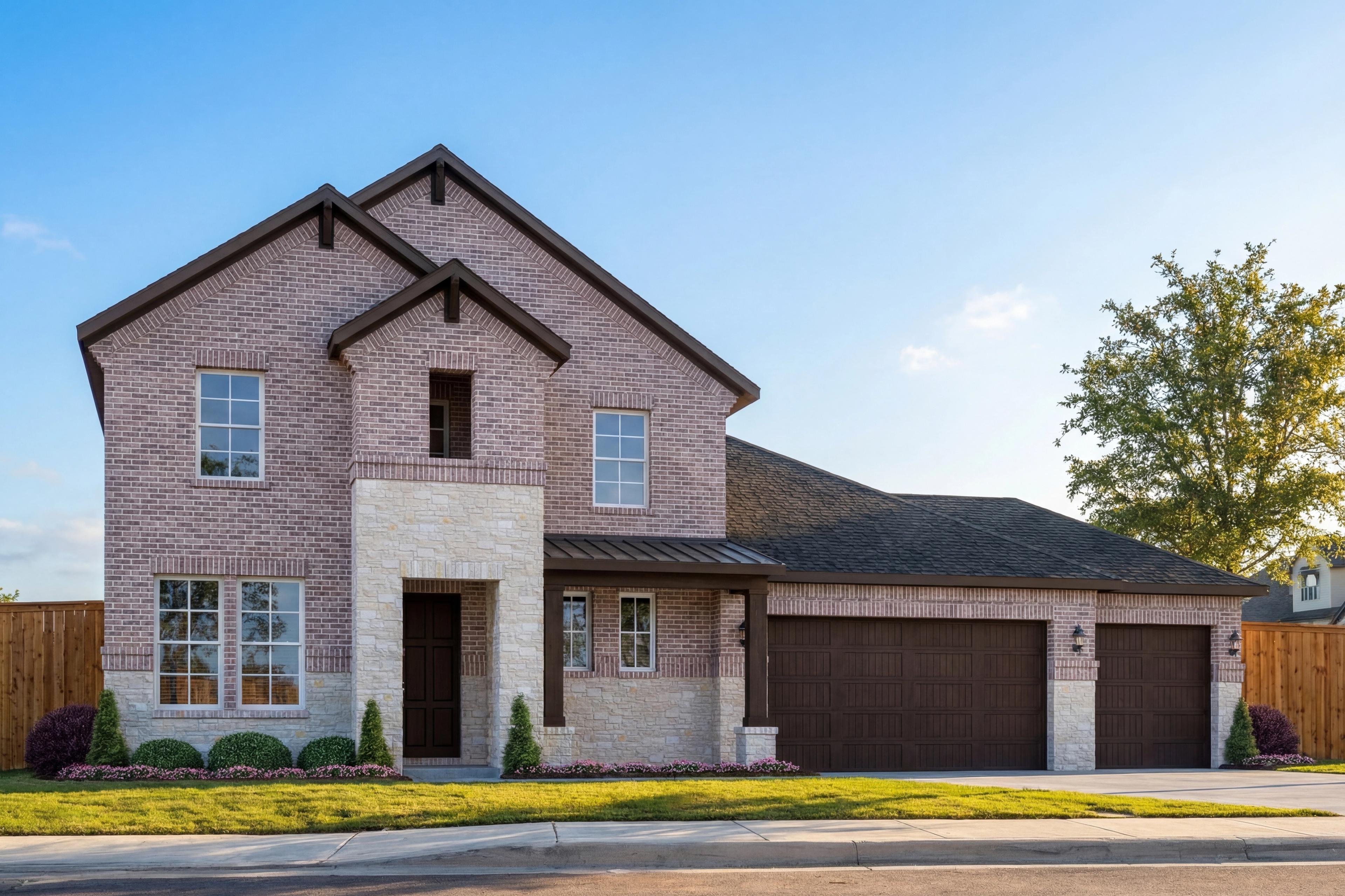 Two-story The Philip C elevation with brick and stone facade, three-car garage, and manicured lawn in Texas City