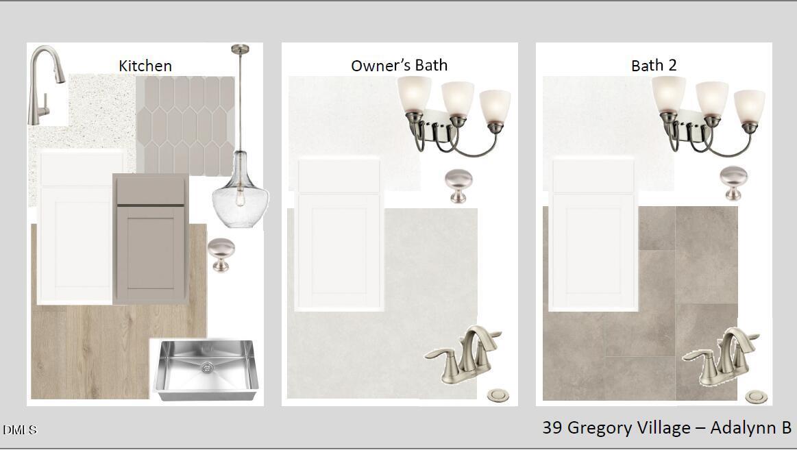 Kitchen, owner's bath, and bath 2 design board with faucets, pendant lights, gray tiles for Adalynn B floor plan in Gregory Village, Lillington NC