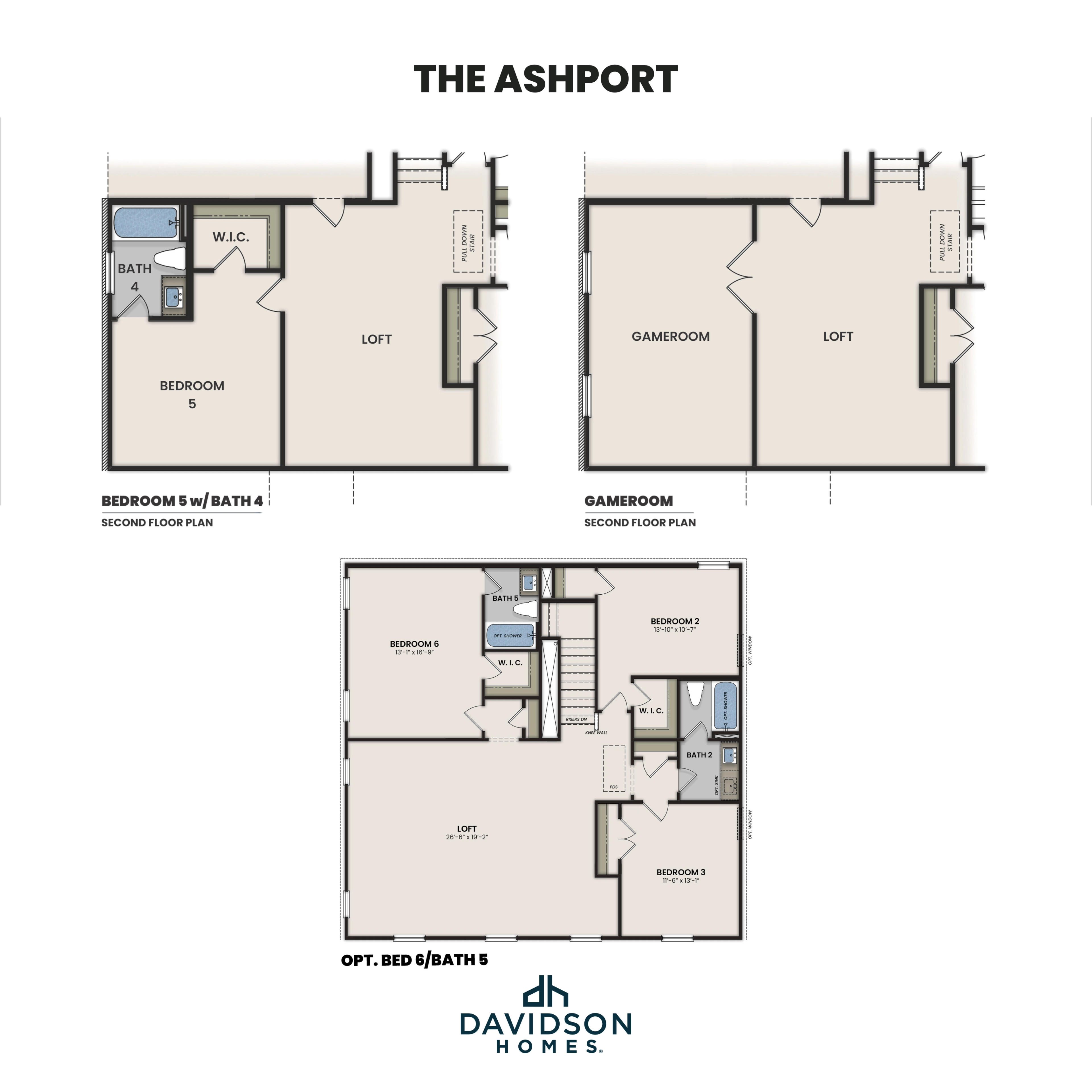 The Ashport second floor plan featuring loft, game room, optional bedroom 6, baths, and spacious layouts by Davidson Homes