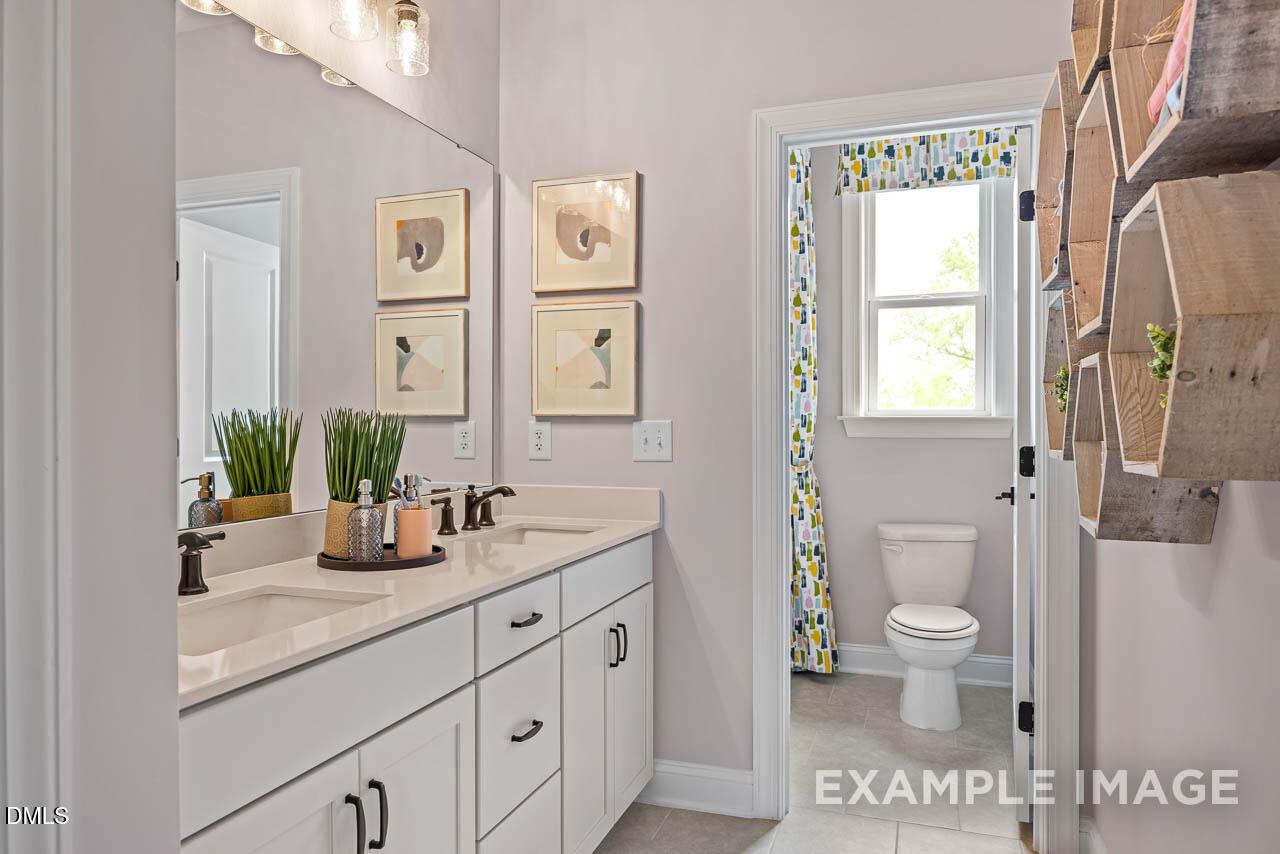 Modern bathroom with double white vanity, potted plants, and hexagon shelves in Davidson Homes The Crawford D, Angier, NC