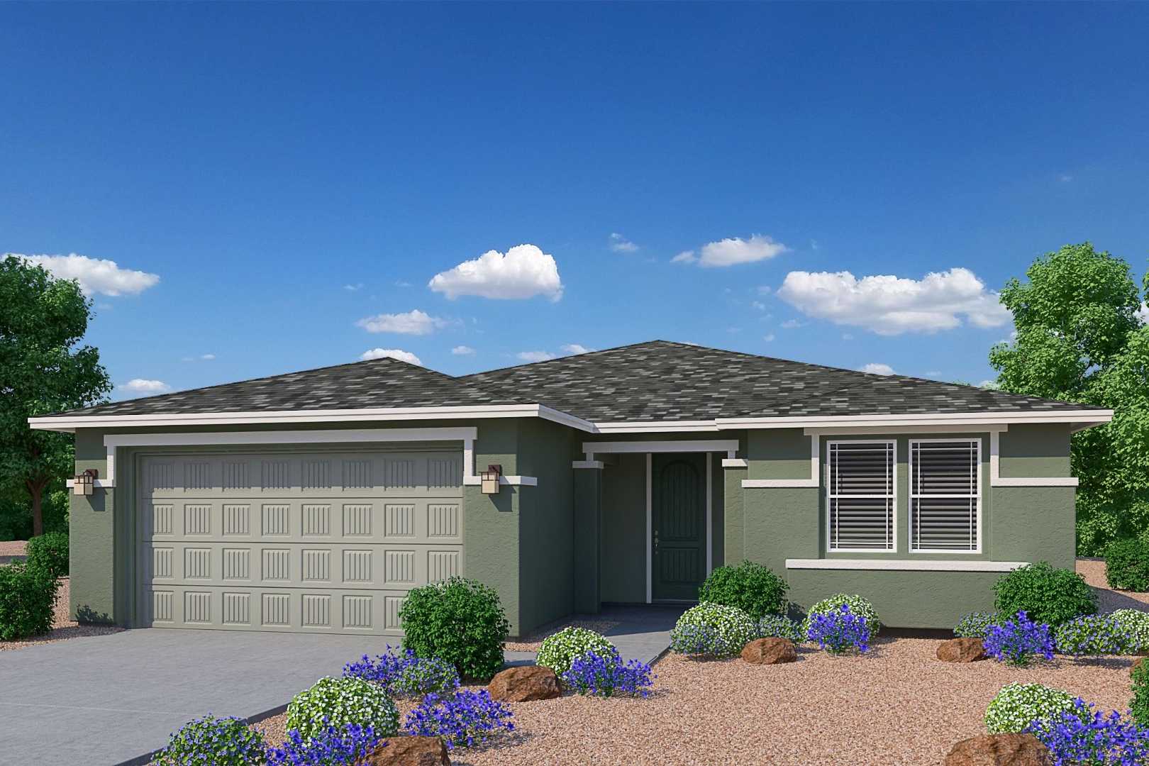 Modern single-story elevation of The Sheridan II by Davidson Homes in Prescott Arizona with 2-car garage and desert landscaping