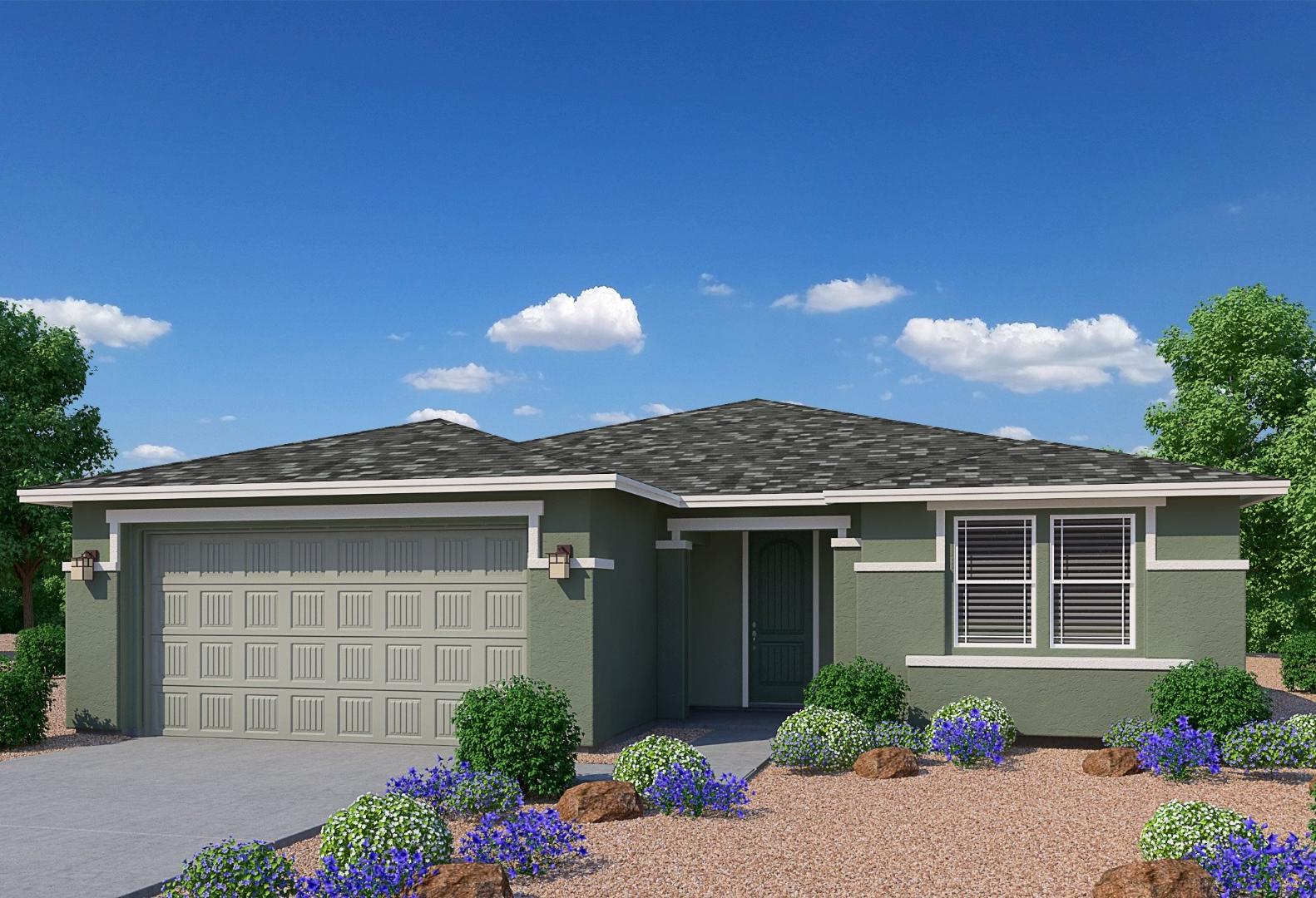 Modern single-story elevation of The Sheridan II by Davidson Homes in Prescott Arizona with 2-car garage and desert landscaping
