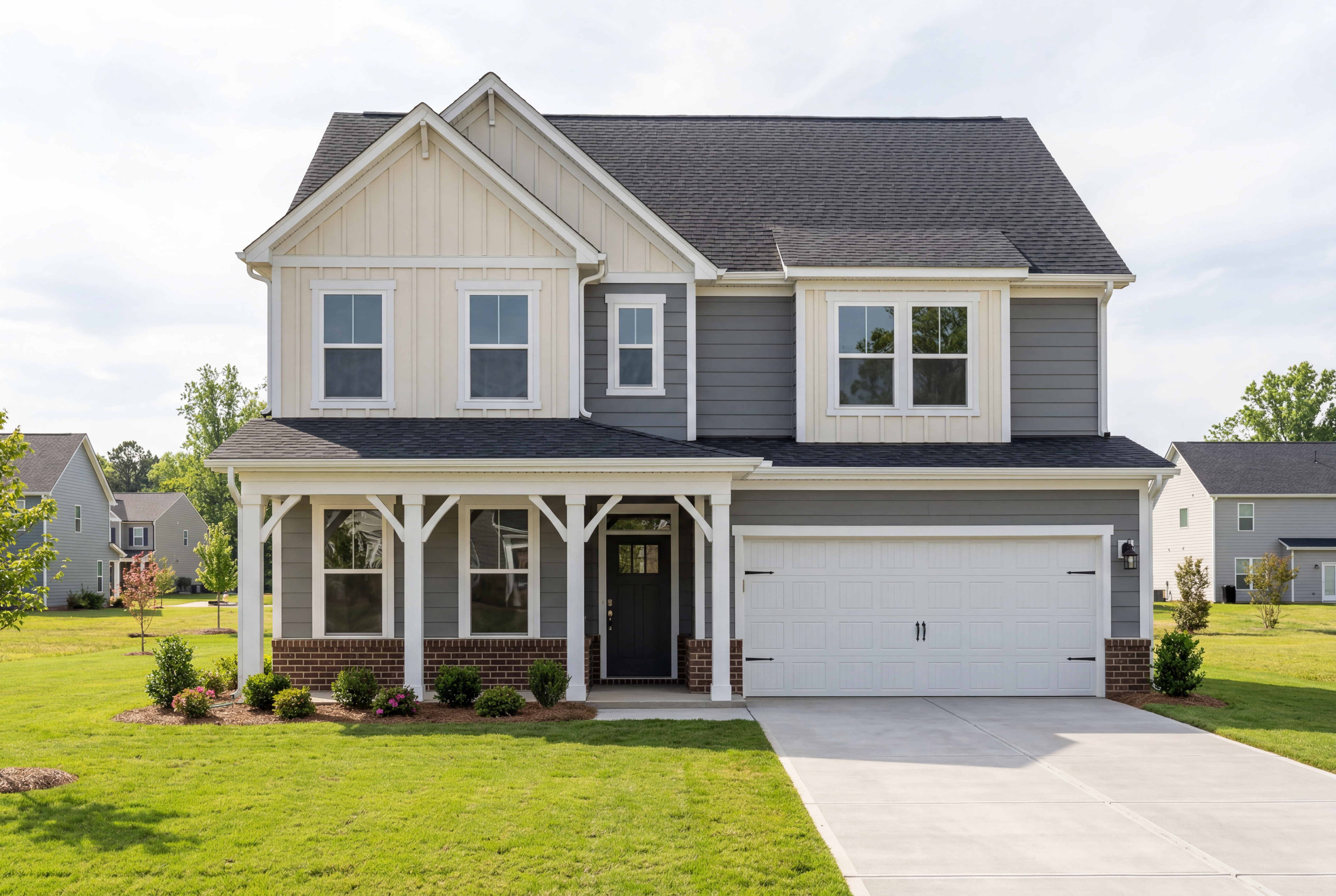 Front elevation of The Chestnut B two-story home in Wendell NC featuring gray and white siding, covered porch, brick accents, and two-car garage