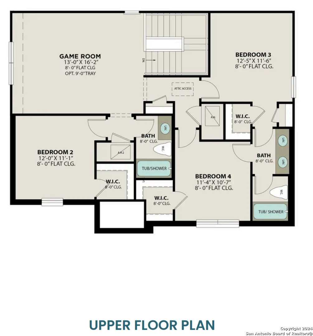 Upper floor plan of The Sequoia A 4-bedroom home with game room, bedrooms 2-3, baths, and walk-in closets in Hickory Ridge, Elmendorf, Texas