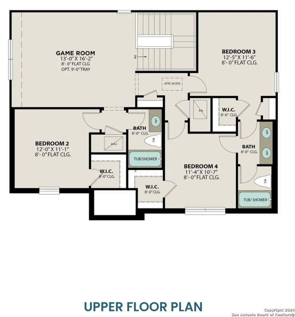 Upper floor plan of The Sequoia A 4-bedroom home with game room, bedrooms 2-3, baths, and walk-in closets in Hickory Ridge, Elmendorf, Texas