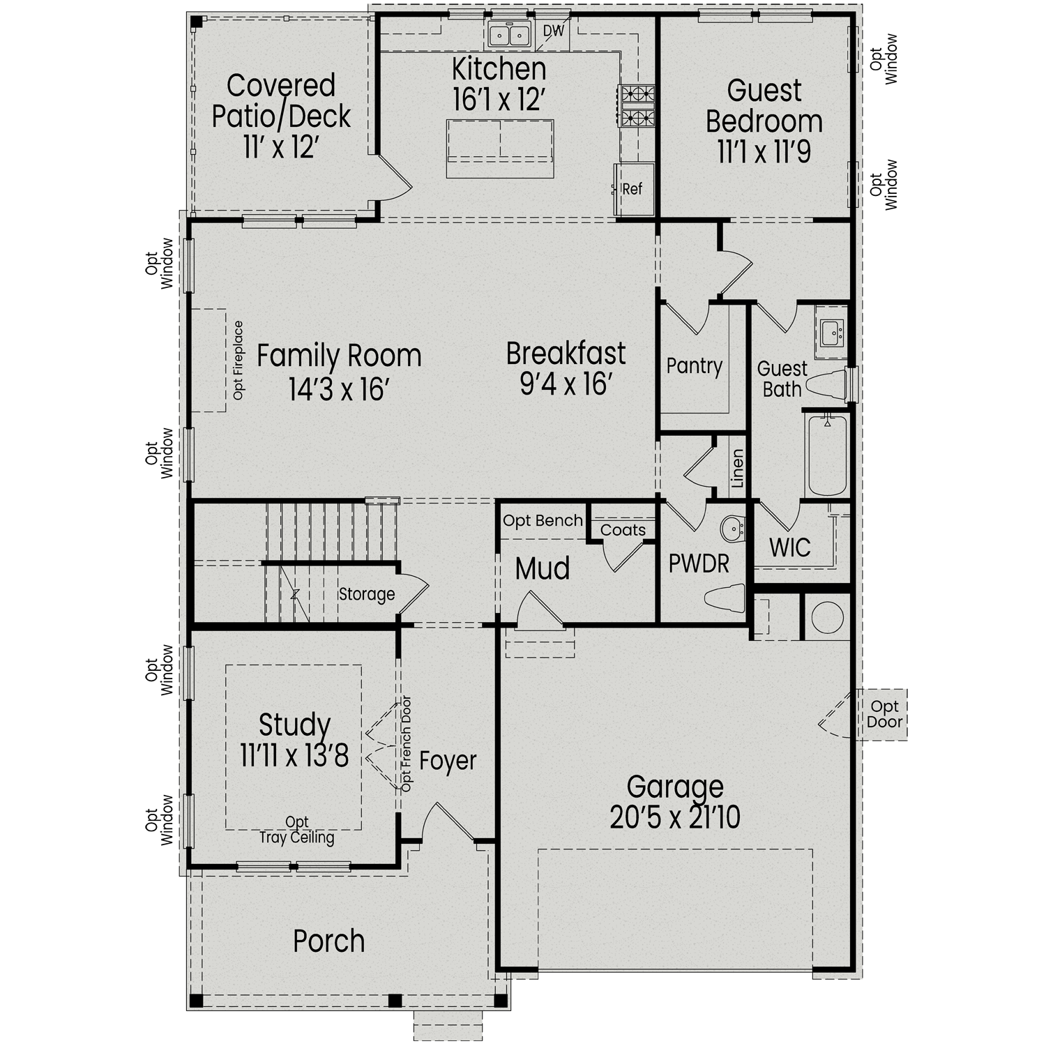 First floor plan of The Aspen B: open family room, gourmet kitchen, study, two-car garage, covered porch by Davidson Homes