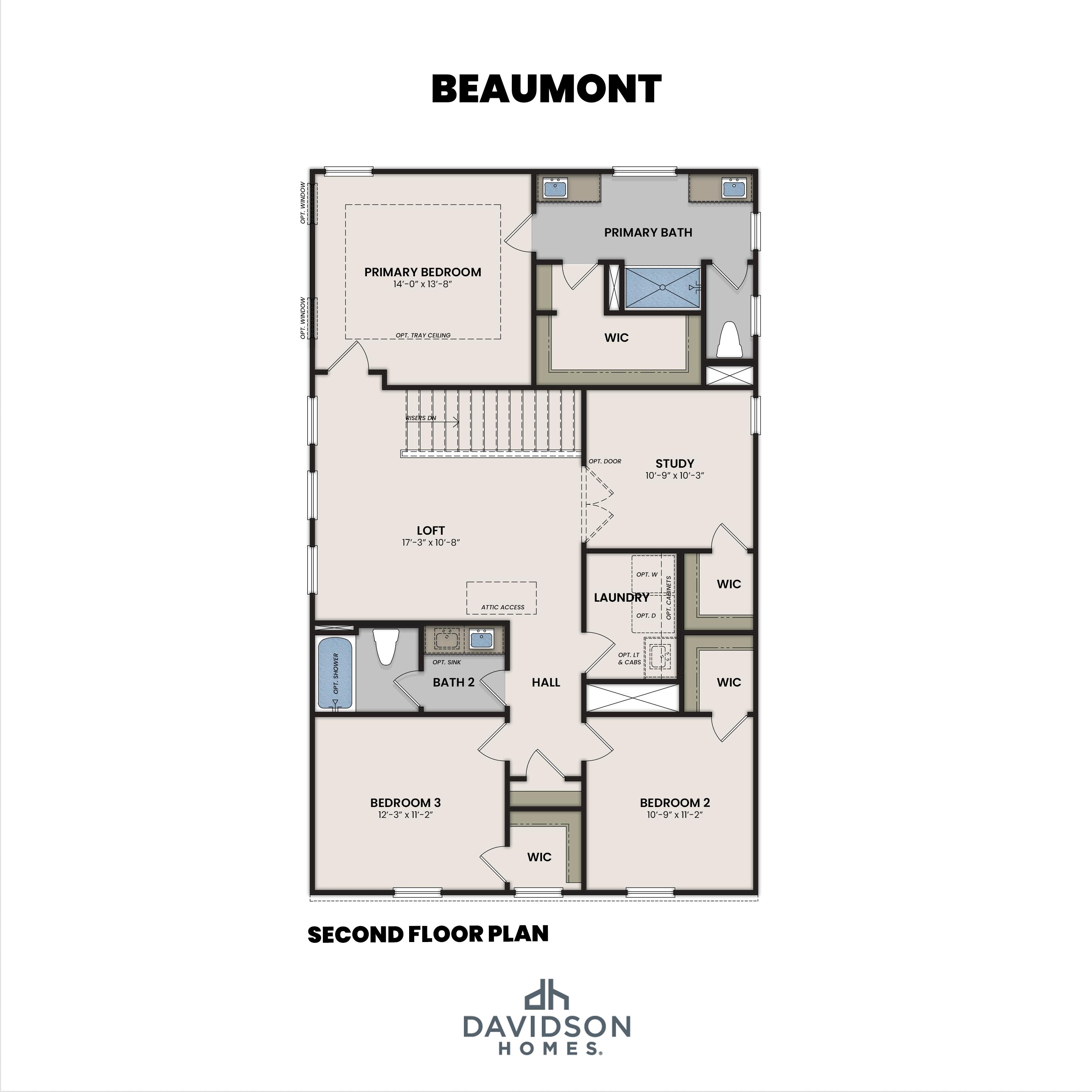 Second floor plan of The Beaumont featuring a primary suite, loft, study, and additional bedrooms by Davidson Homes.