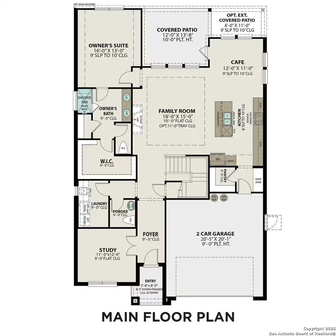 Main floor plan of The Sequoia A by Davidson Homes: open family room, kitchen, cafe, owner's suite, 2-car garage in Bricewood, San Antonio