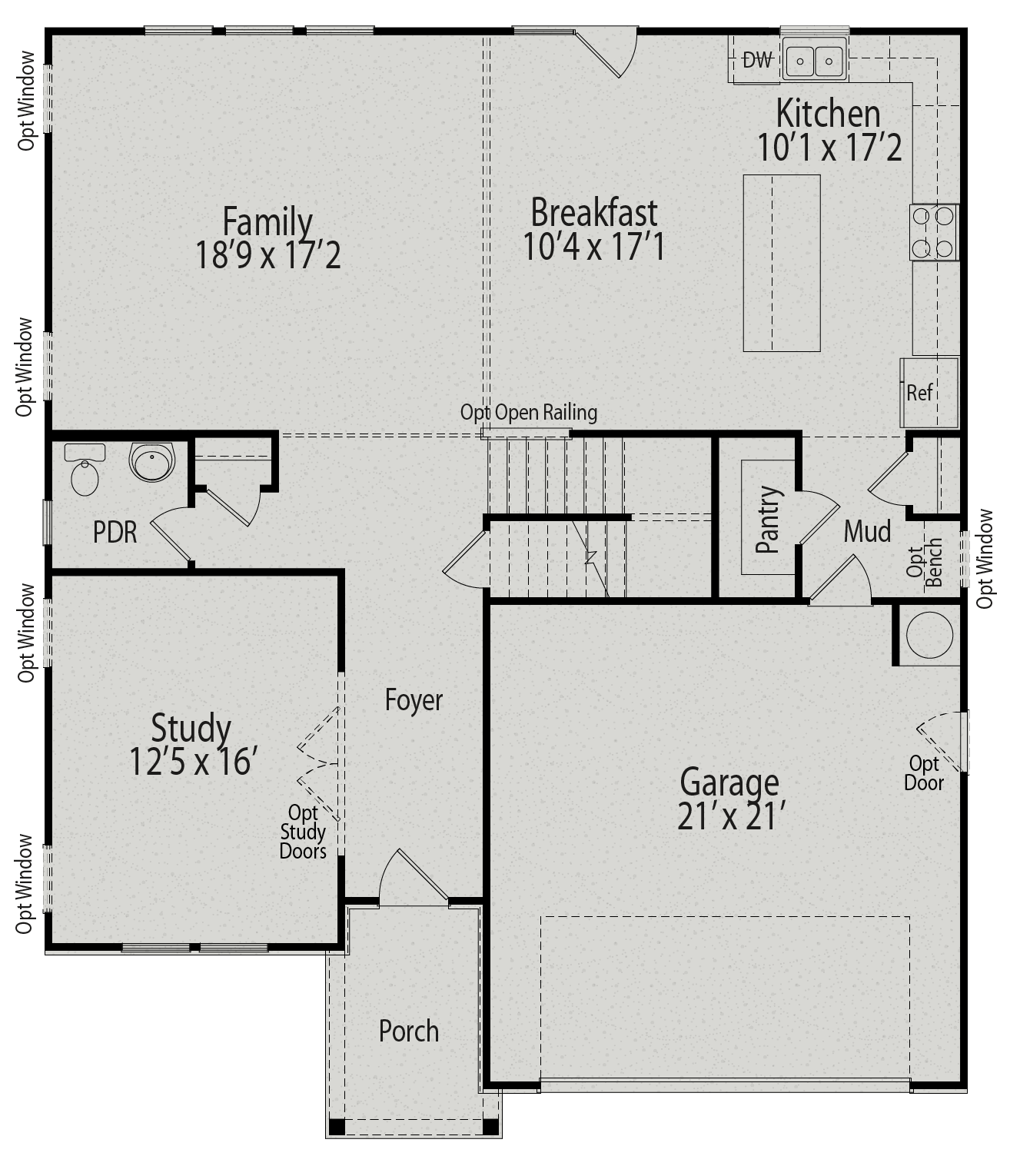 First floor plan of The Hickory II showcasing open family room, breakfast nook, kitchen, study, and 2-car garage in Wake Forest NC
