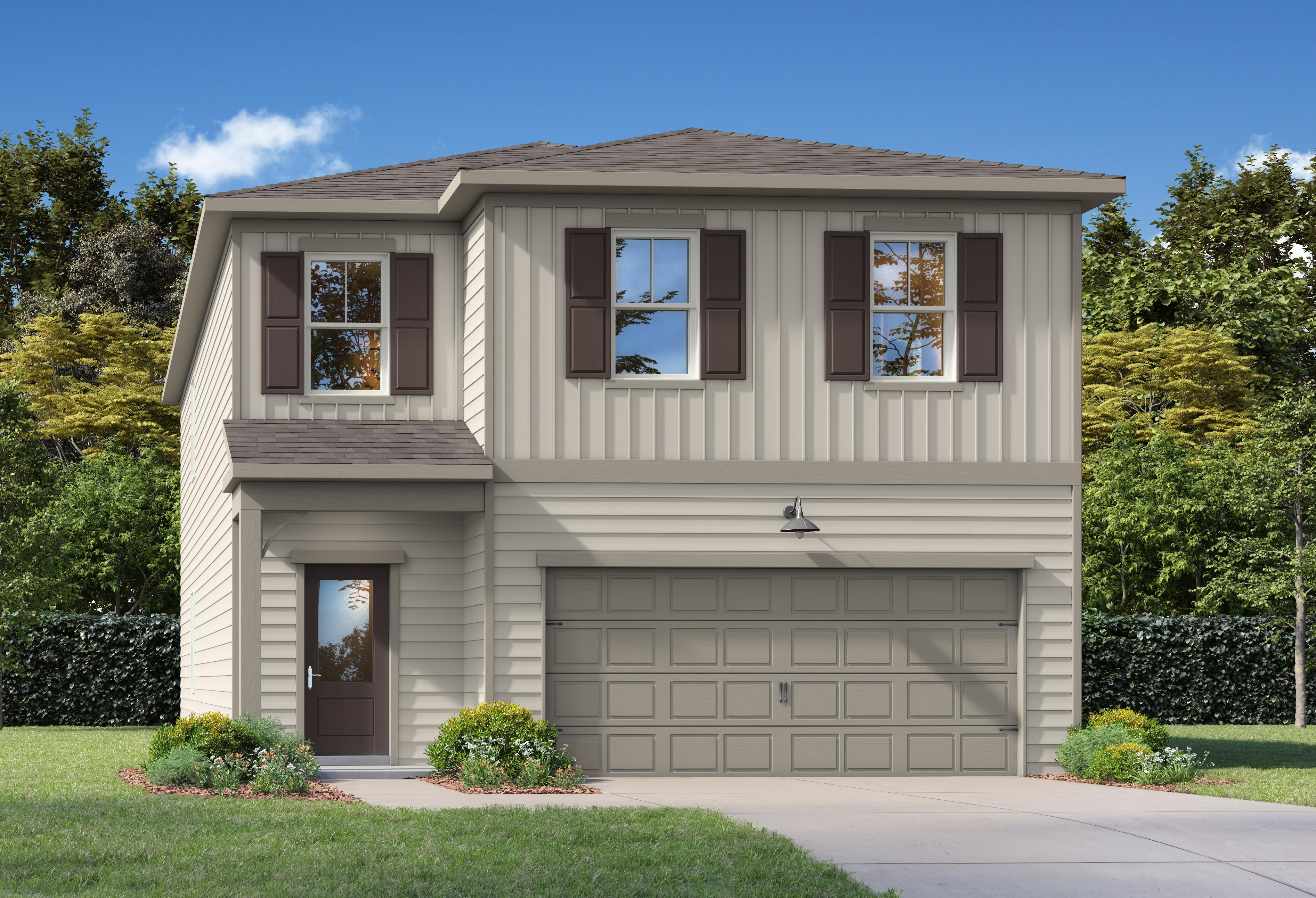 Modern two-story facade of The Rabun A with beige siding, brown shutters, two-car garage, and landscaped front yard in New Market, AL