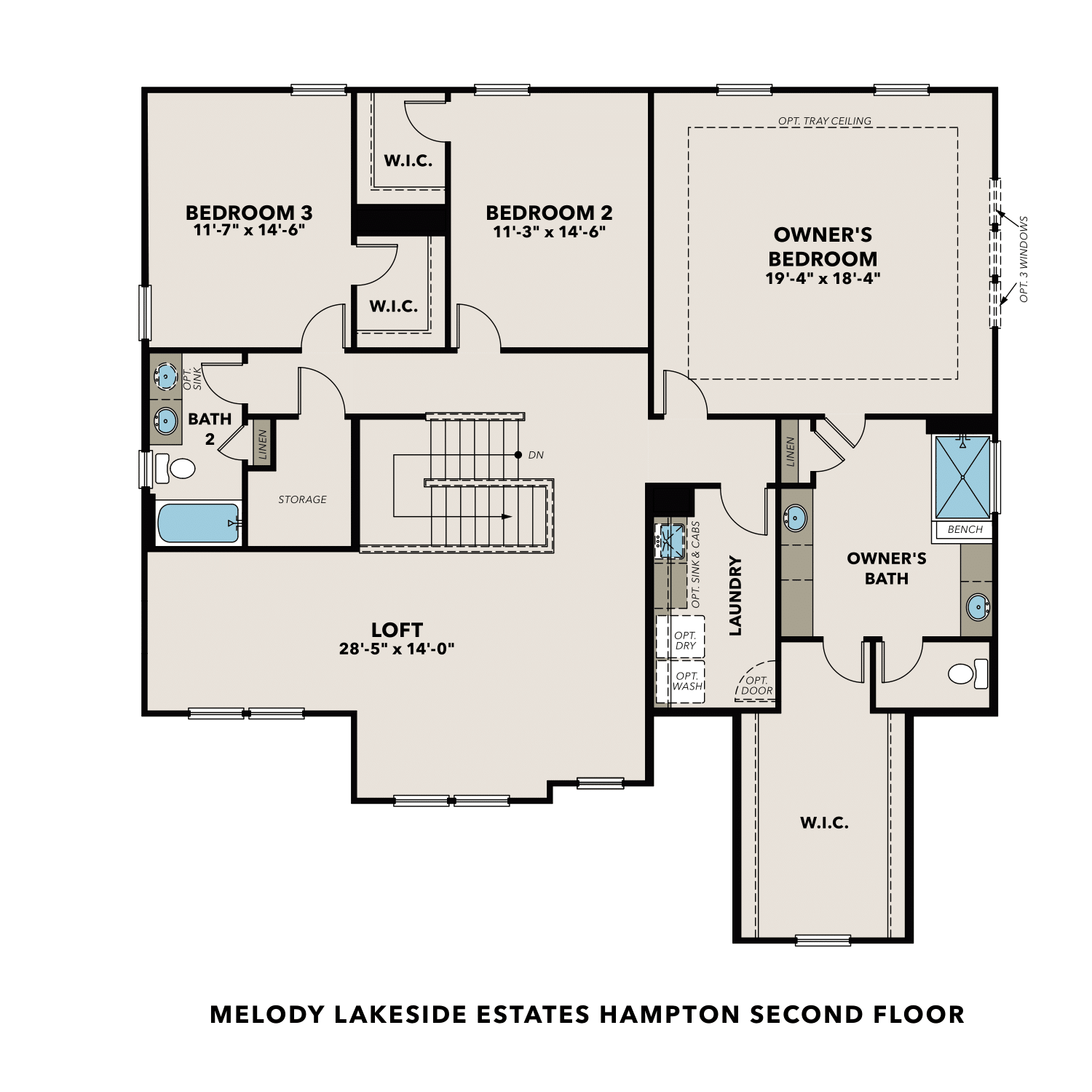 The Hampton second floor plan featuring owner's suite, bedrooms 2-3, baths, laundry, and storage in Buford GA