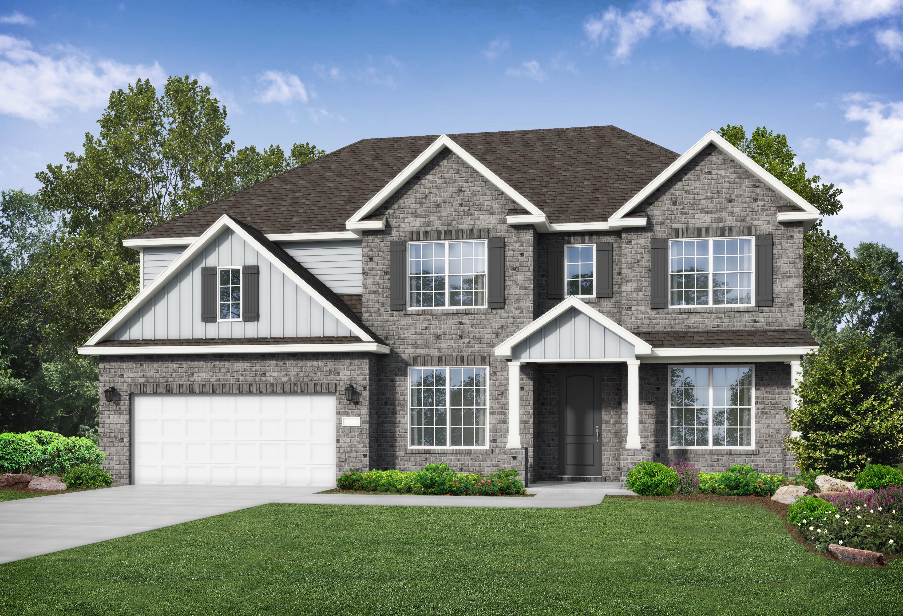 Two-story Madison B elevation by Davidson Homes in Meridianville, AL, featuring brick and siding exterior, two-car garage, and lush landscaping