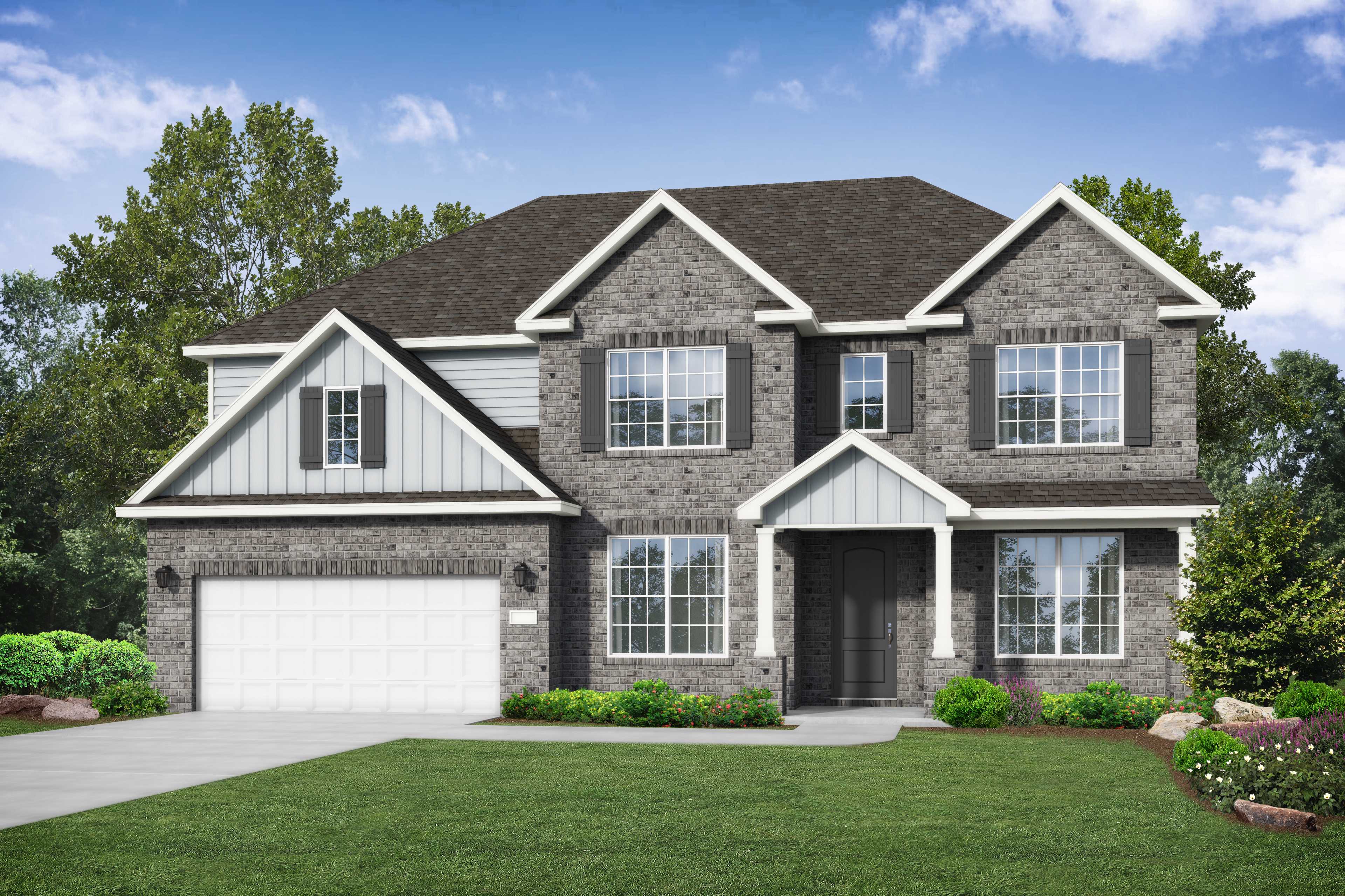 Two-story Madison B elevation by Davidson Homes in Meridianville, AL, featuring brick and siding exterior, two-car garage, and lush landscaping