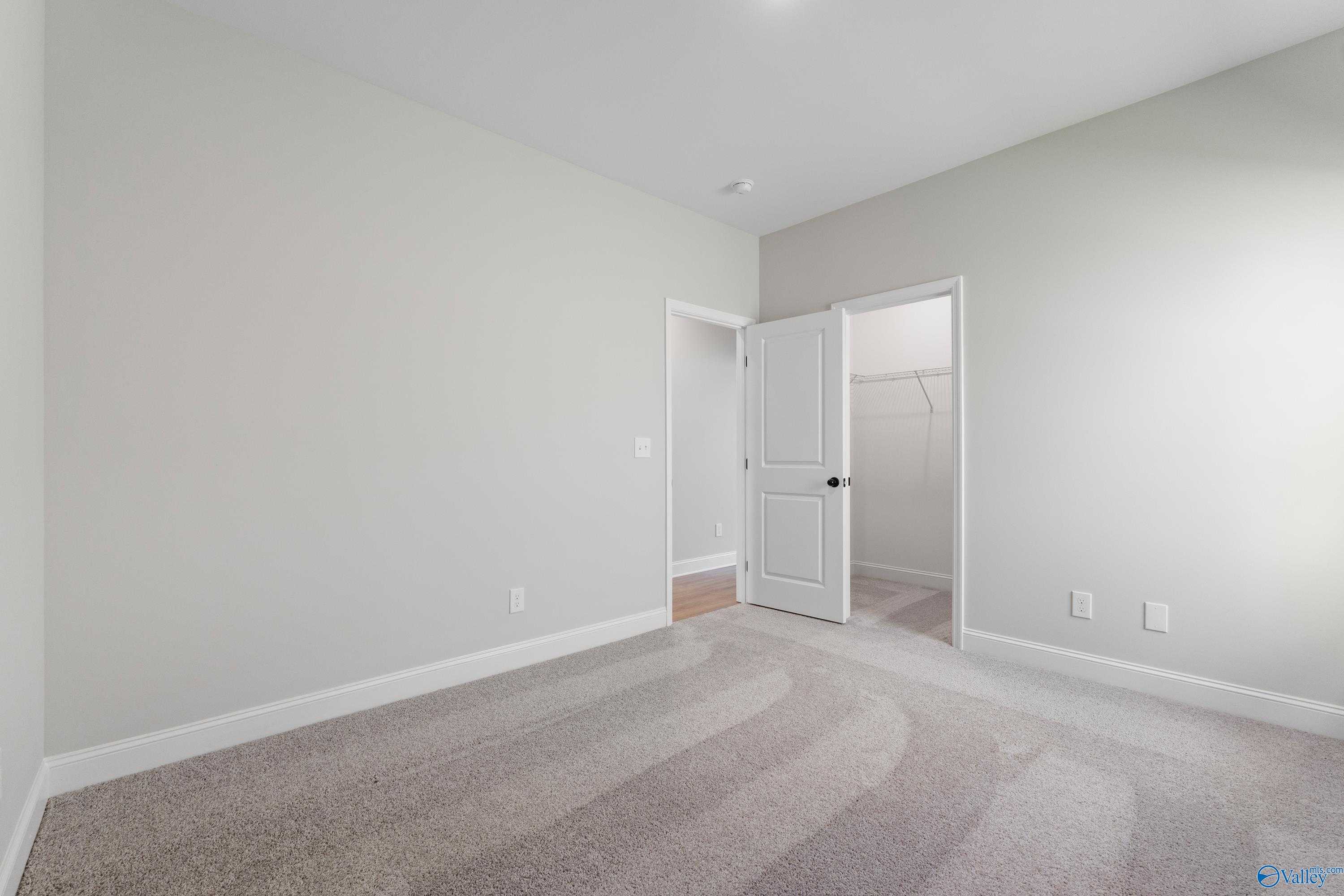 Bright secondary bedroom with light gray walls, beige carpet, and open walk-in closet in Davidson Homes The Rockford, Toney, Alabama