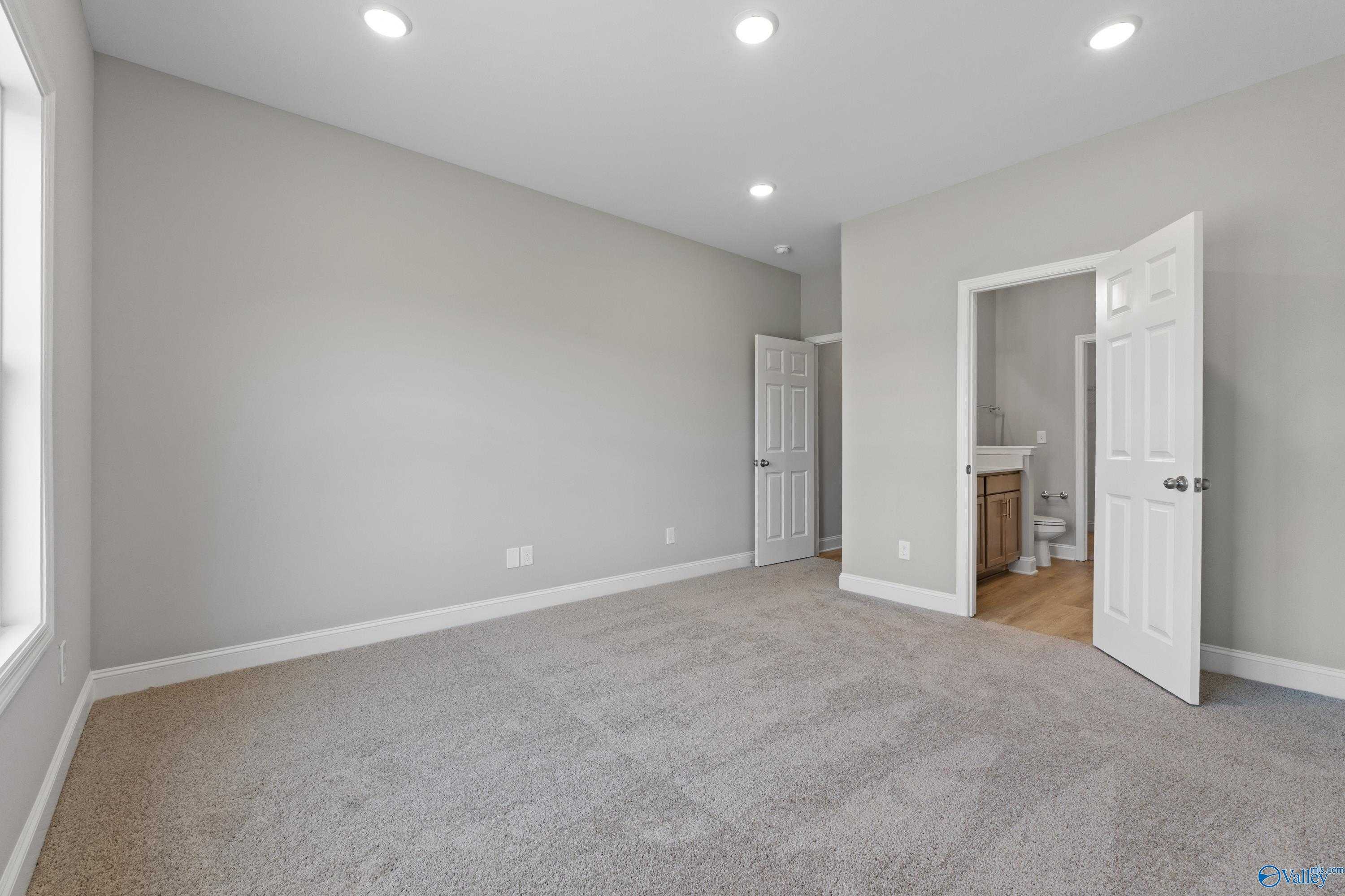 Spacious master bedroom with en-suite bath, gray walls, carpeted floor in The Asheville C, Davidson Homes, Athens AL
