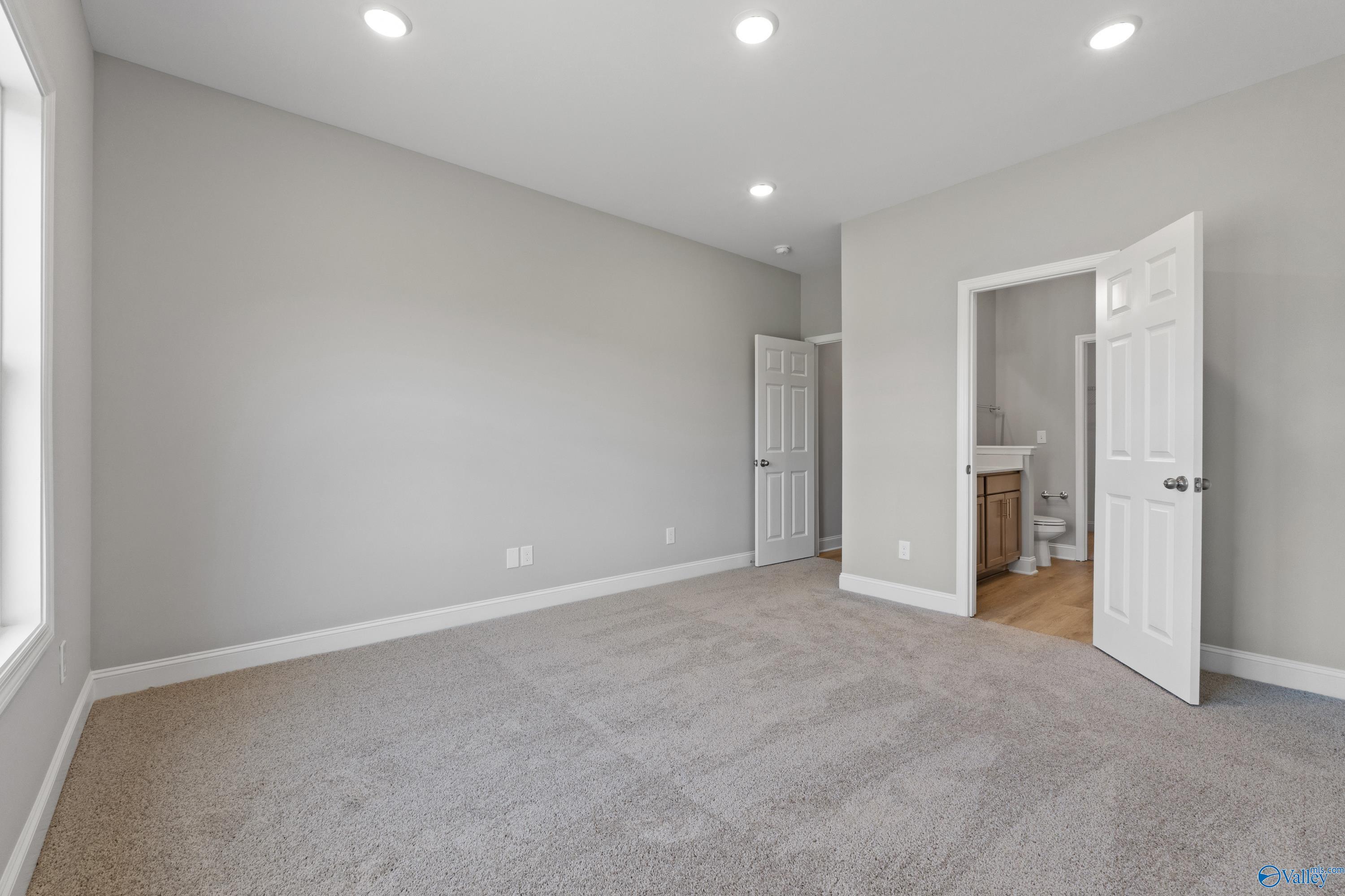 Spacious master bedroom with en-suite bath, gray walls, carpeted floor in The Asheville C, Davidson Homes, Athens AL