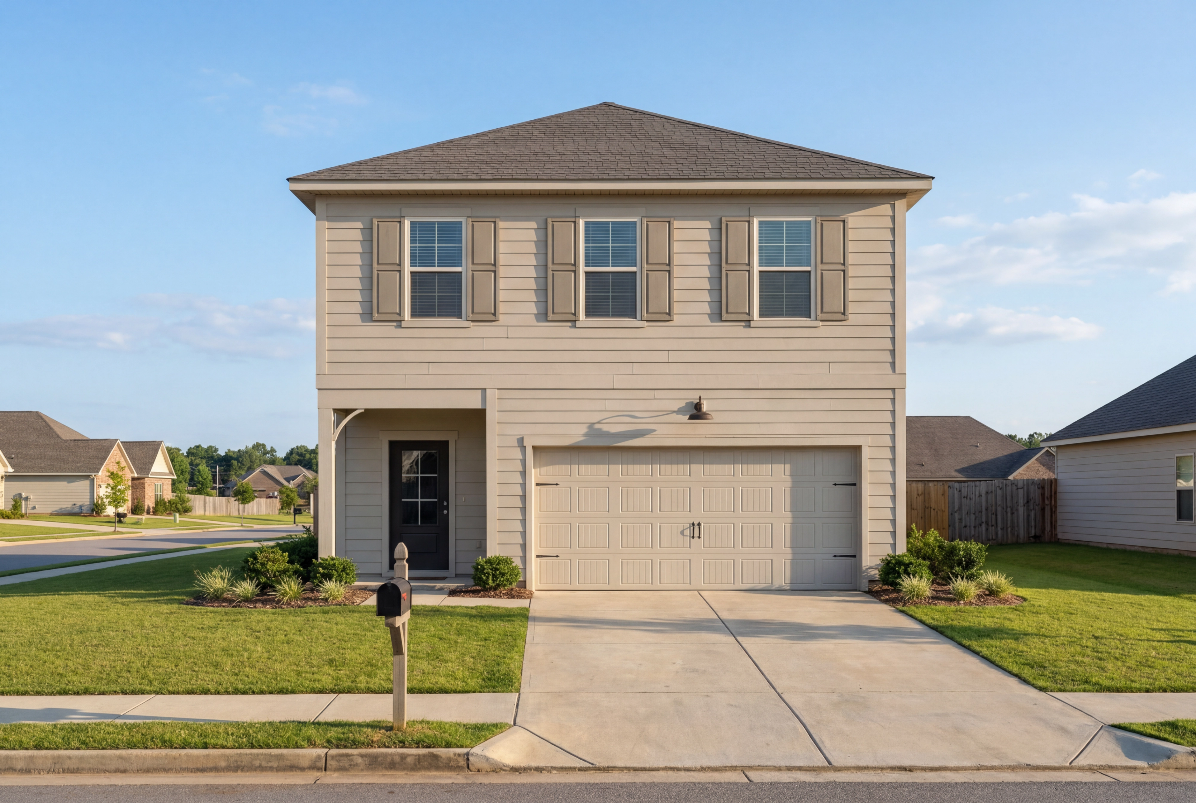 Beige two-story Craftsman home with 2-car garage, front porch, shutters, and landscaped yard in The Bluffs, Canton, Georgia - Davidson Homes Burton A