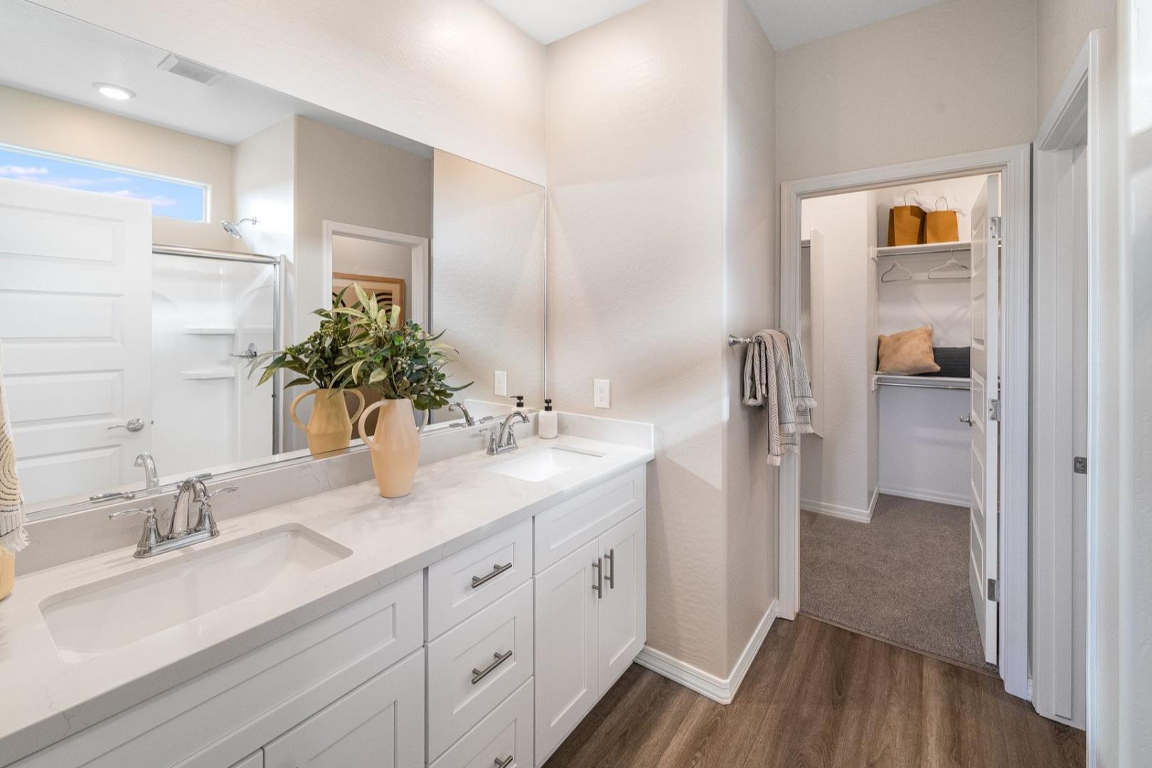 Spacious master bathroom in The Newport C with white double vanity, large mirrors, potted plant, and walk-in closet