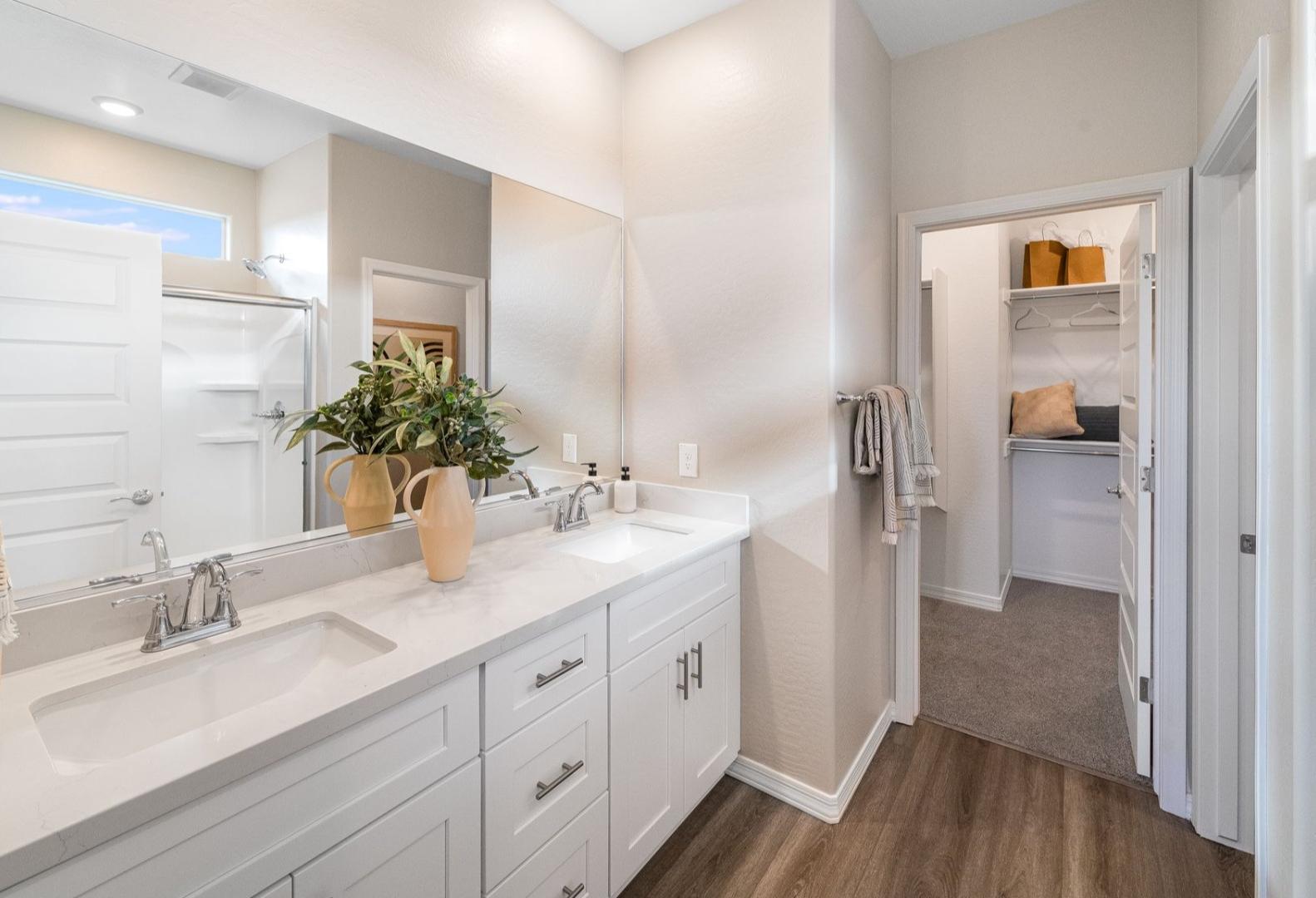 Spacious master bathroom in The Newport A featuring double sink vanity, large mirror, potted plants, and walk-in closet