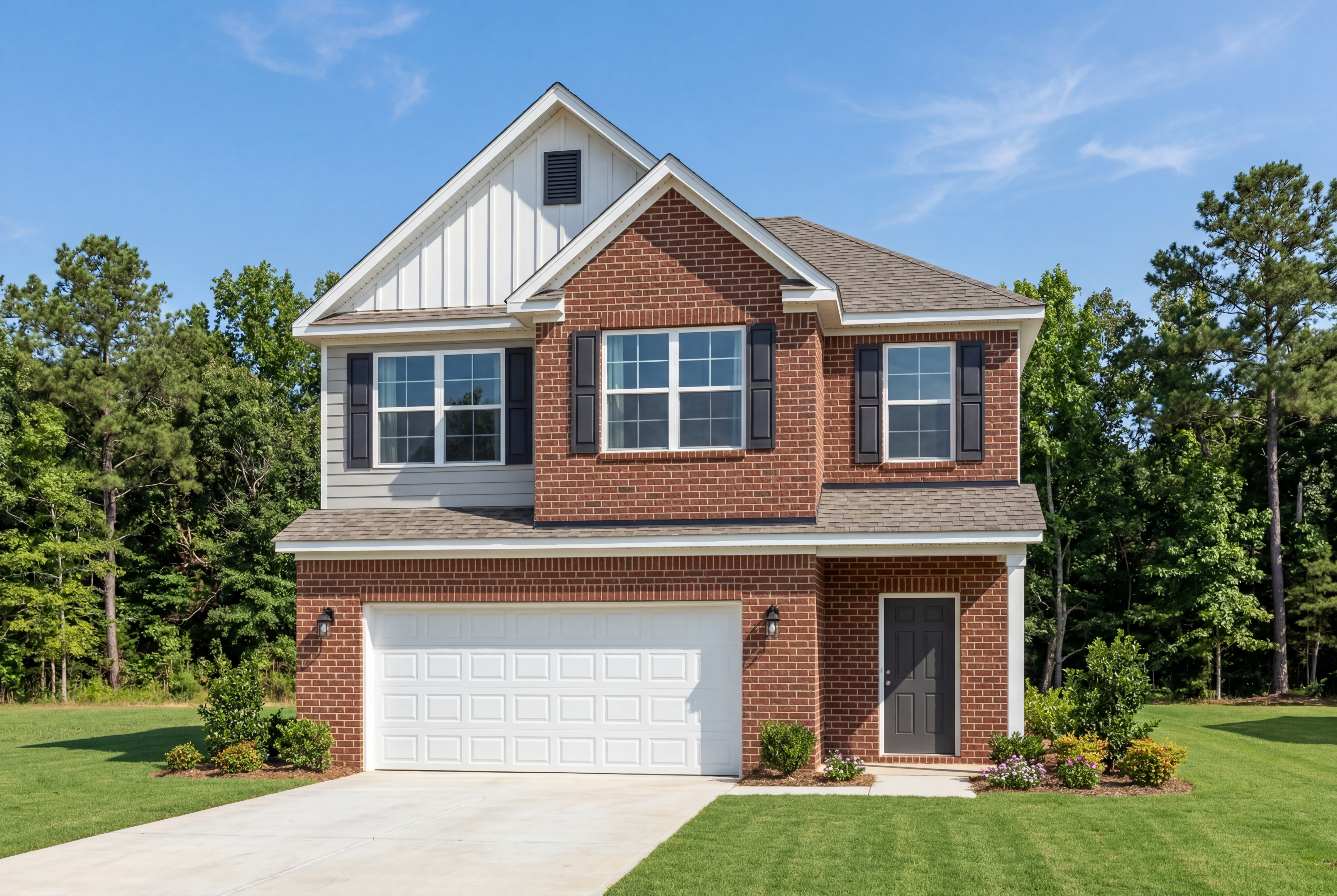 Two-story brick and siding facade of The Aiken home design featuring a two-car garage in Meridianville, Alabama.