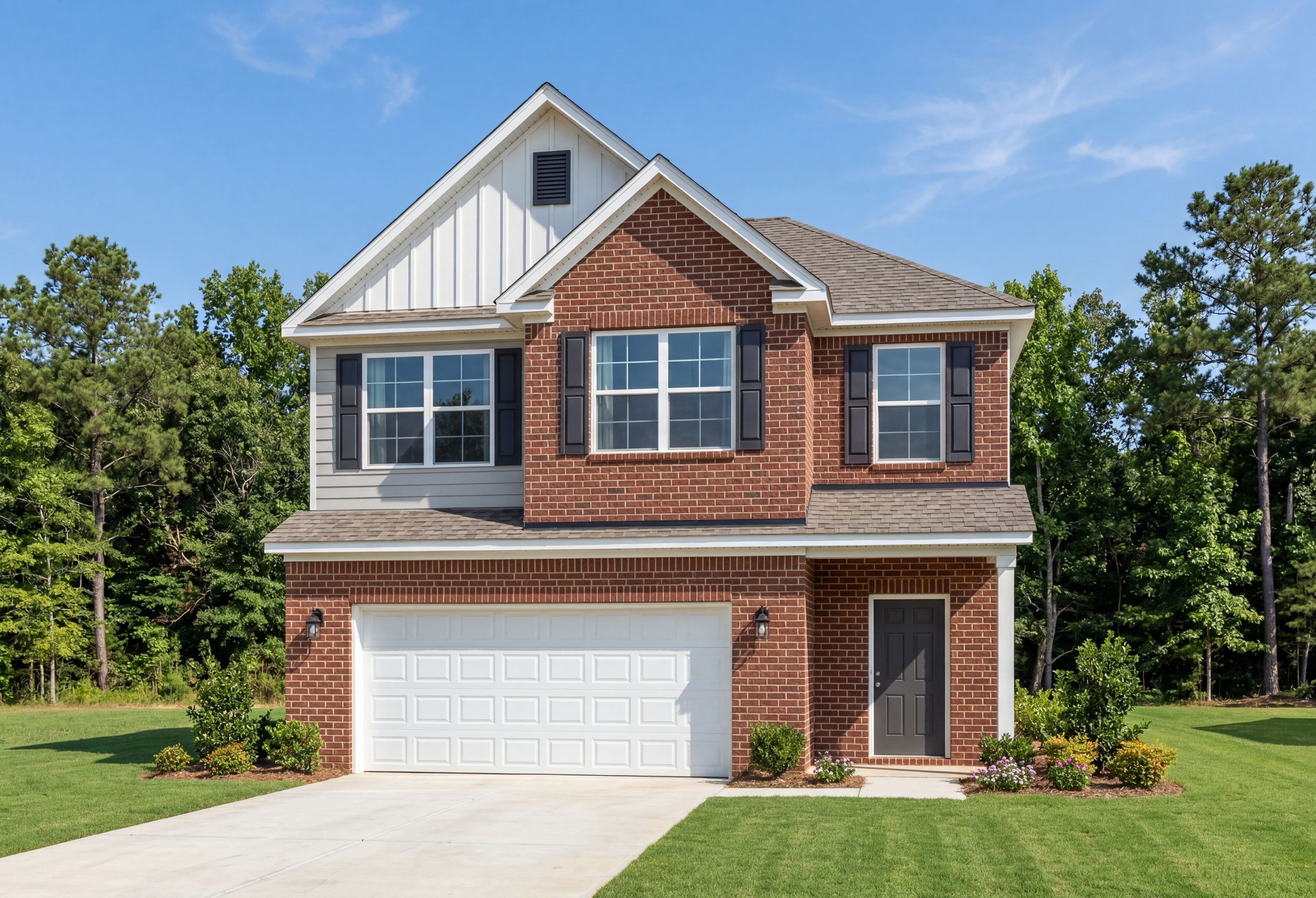 Two-story brick and siding facade of The Aiken home design featuring a two-car garage in Meridianville, Alabama.