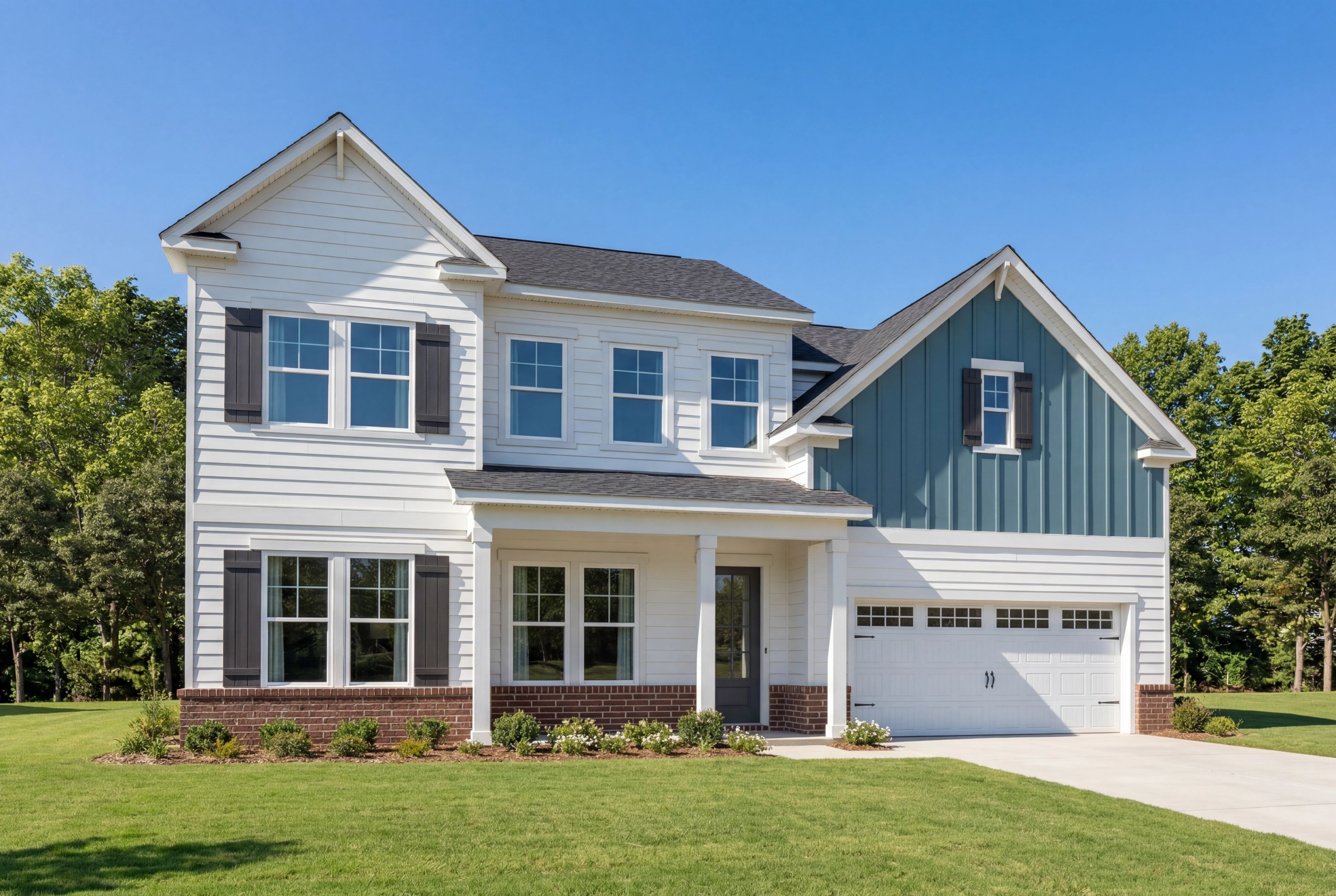 Two-story exterior elevation of The Barrington A single-family home featuring a two-car garage and brick accents.