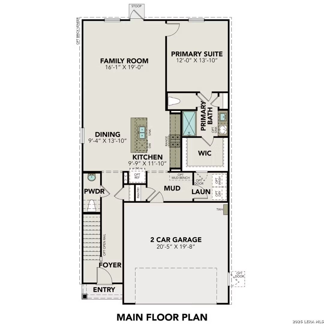 The Blanco C main floor plan: family room, primary suite, open kitchen, dining, powder room, 2-car garage in San Antonio home
