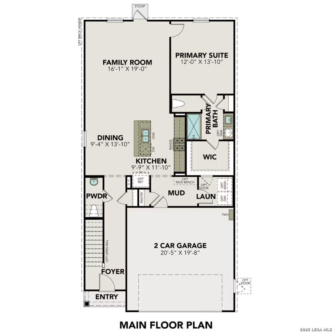The Blanco C main floor plan: family room, primary suite, open kitchen, dining, powder room, 2-car garage in San Antonio home