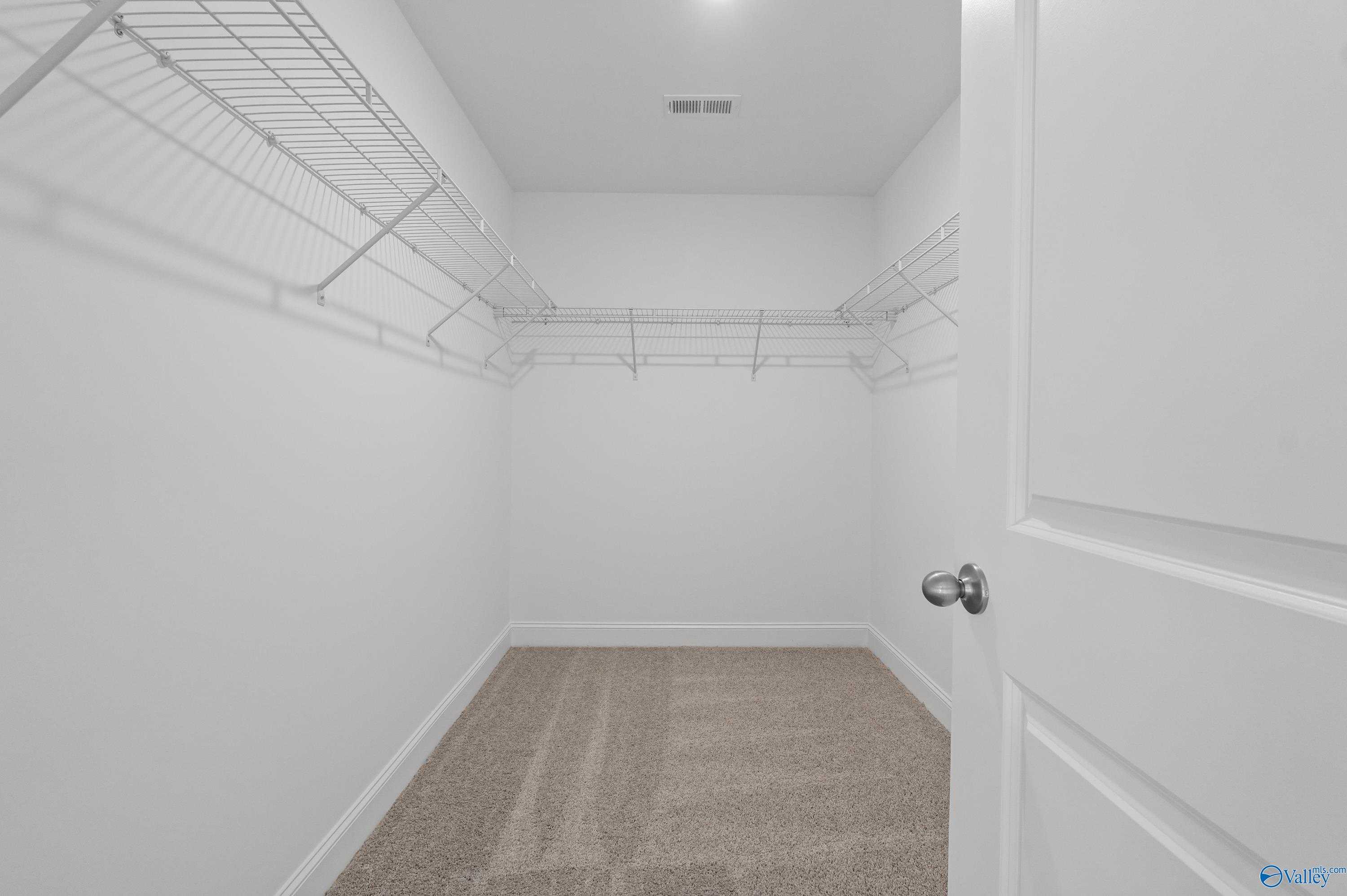 Spacious walk-in closet with wire shelving, beige carpet, and white walls in Davidson Homes The Camden B, Huntsville, Alabama
