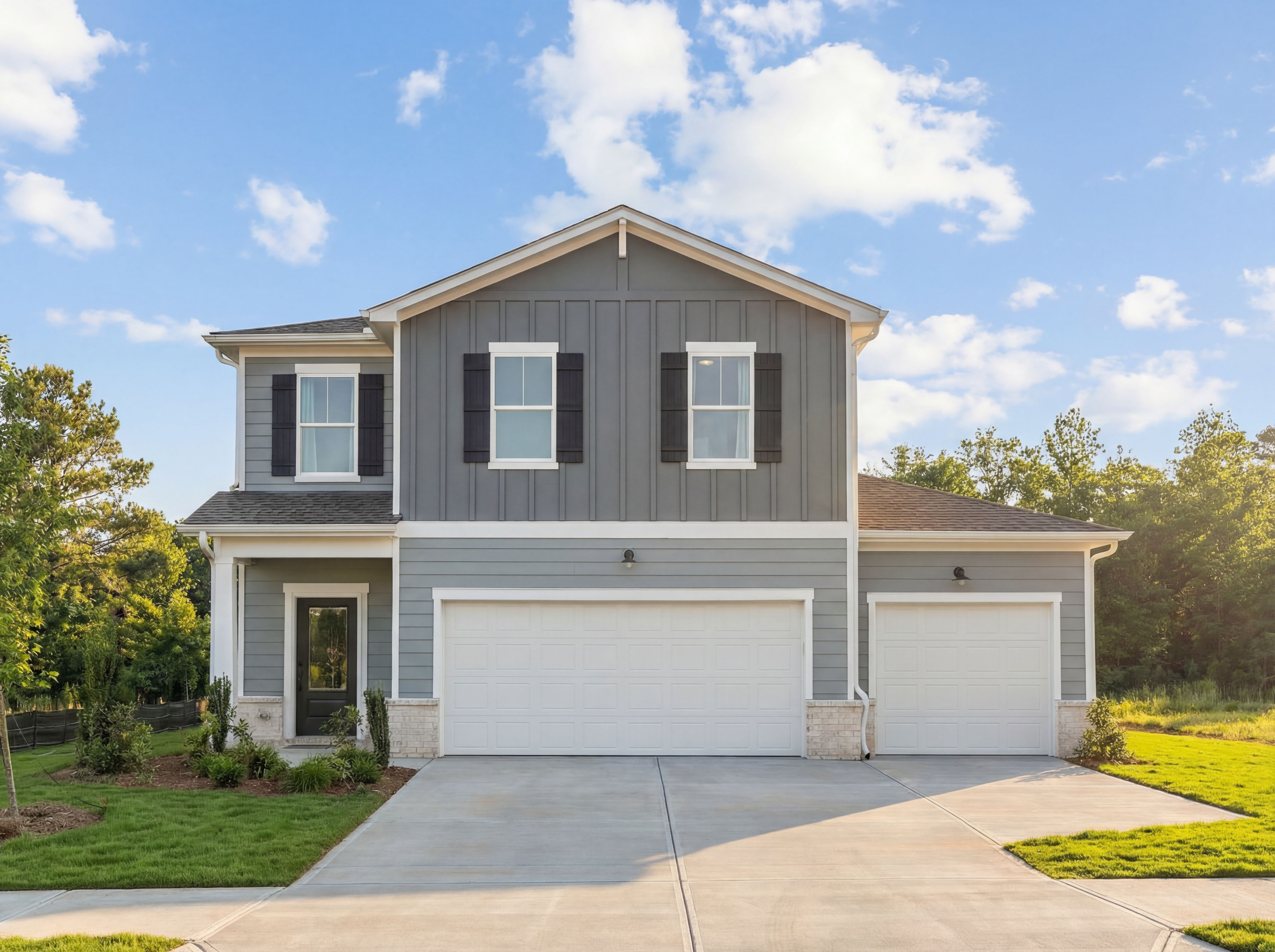 Modern two-story gray home exterior at Cedar Farms in Winder Georgia with covered entry and attached garage