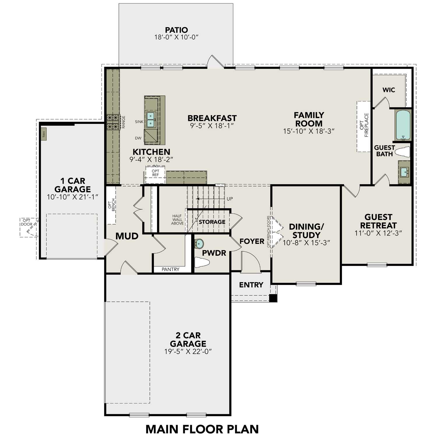 First floor plan of The Ashford G home design featuring open kitchen, family room, dining area, and 3-car garage