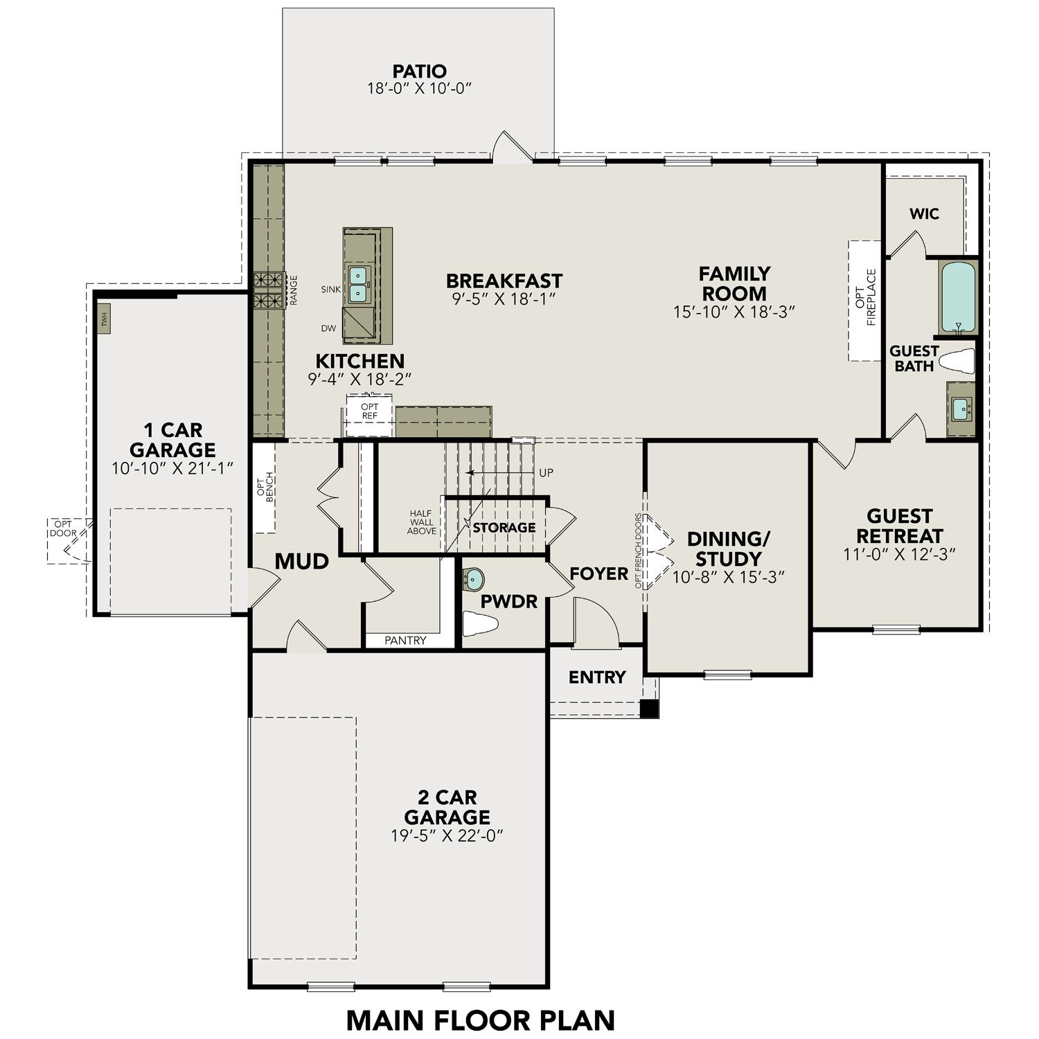 First floor plan of The Ashford by Davidson Homes: open kitchen, breakfast nook, family room, study, and 3-car garage in Castroville, TX