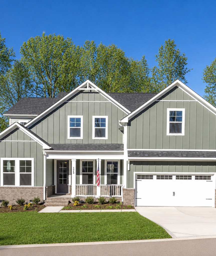 Two-story gray farmhouse exterior at Addison West in Holly Springs, NC, built by Davidson Homes with a two-car garage.