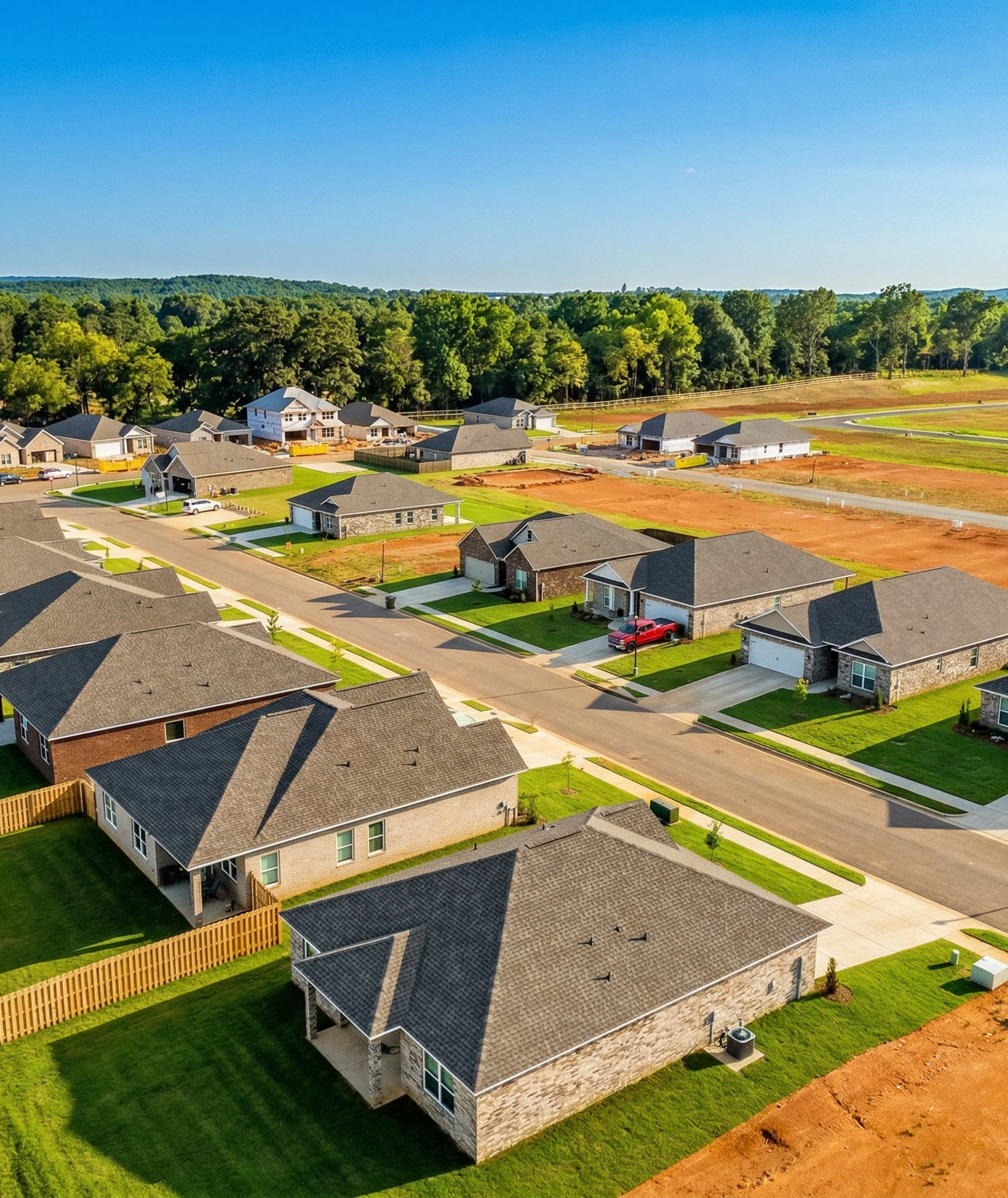 Aerial view of Wood Trail neighborhood in Toney Alabama with new Davidson Homes, shingled roofs, green lawns, red dirt lots, and wooded hills