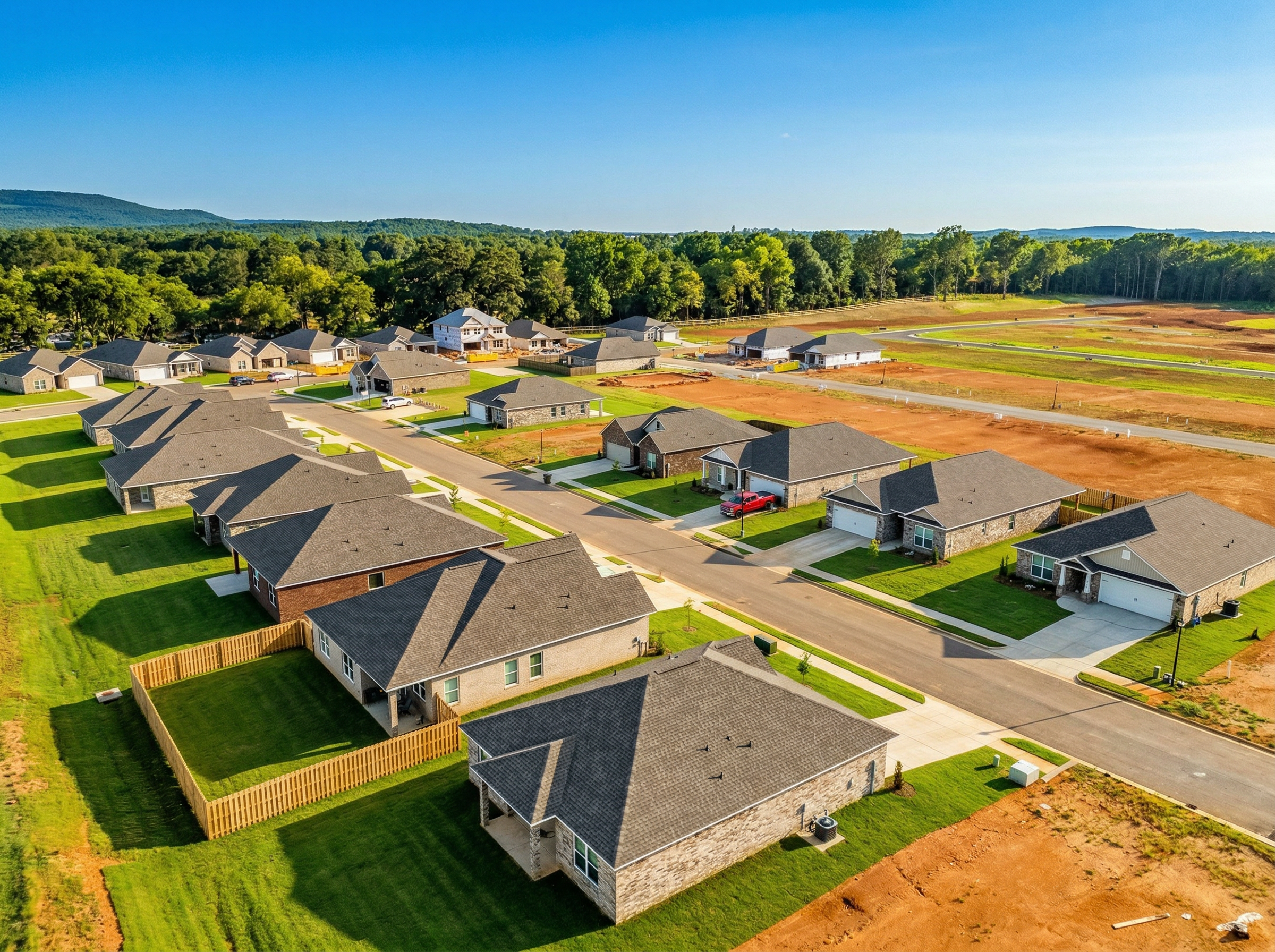 Aerial view of Wood Trail neighborhood in Toney Alabama with new Davidson Homes, shingled roofs, green lawns, red dirt lots, and wooded hills
