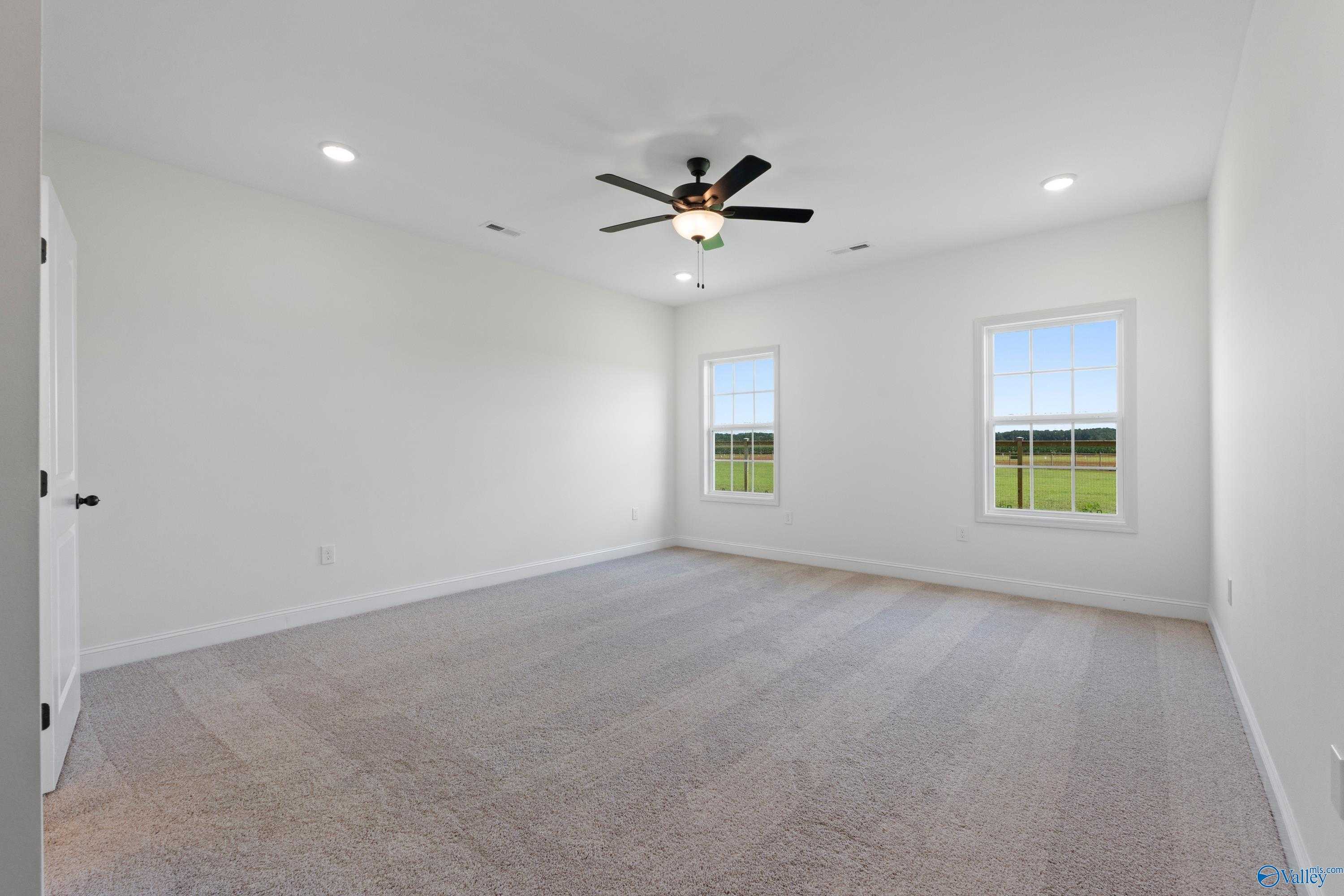 Spacious bedroom with beige carpet, ceiling fan, and windows overlooking green fields in Davidson Homes The Rockford B, Toney, Alabama