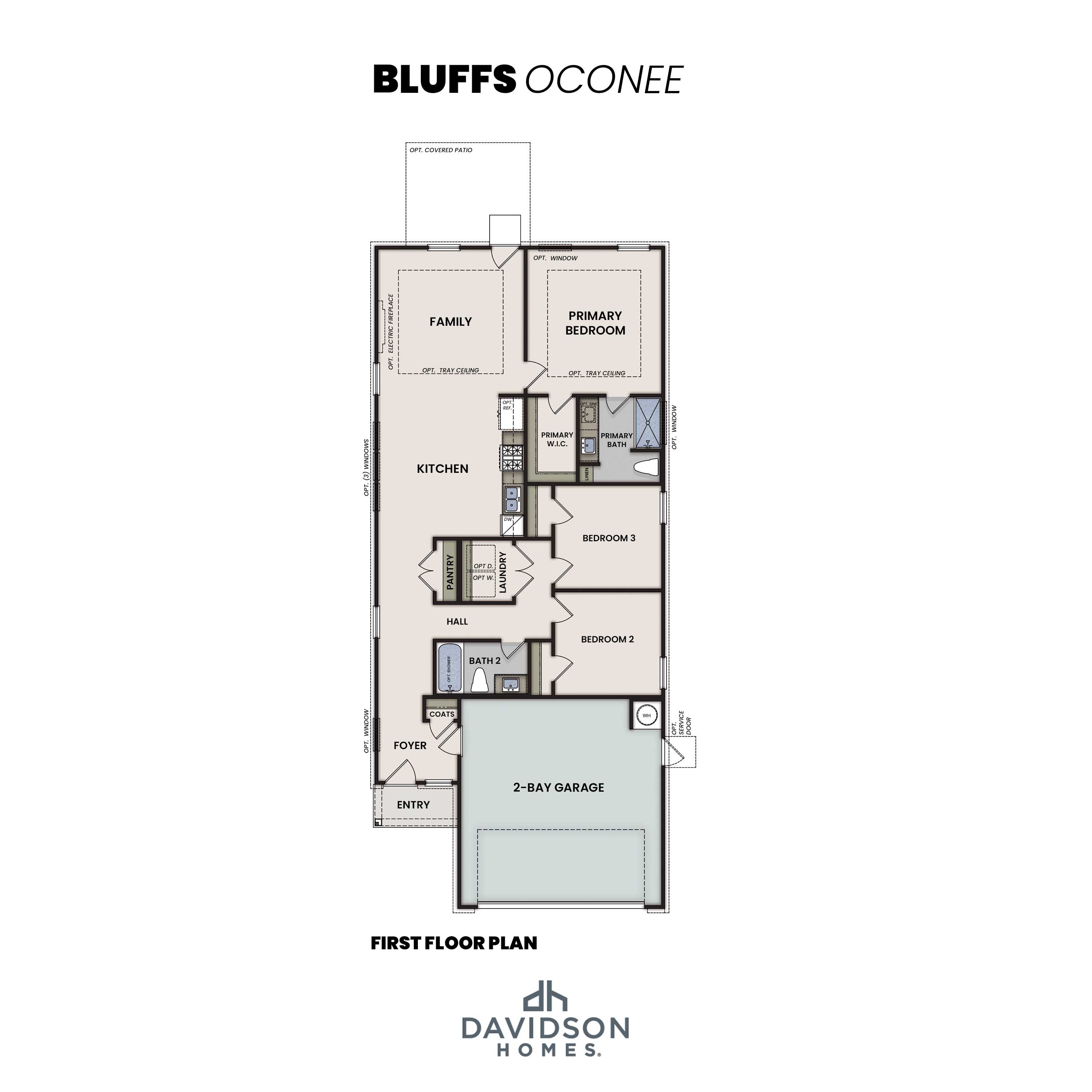 First floor plan of The Oconee 3-bedroom home featuring primary suite, kitchen, family room, and 2-car garage by Davidson Homes