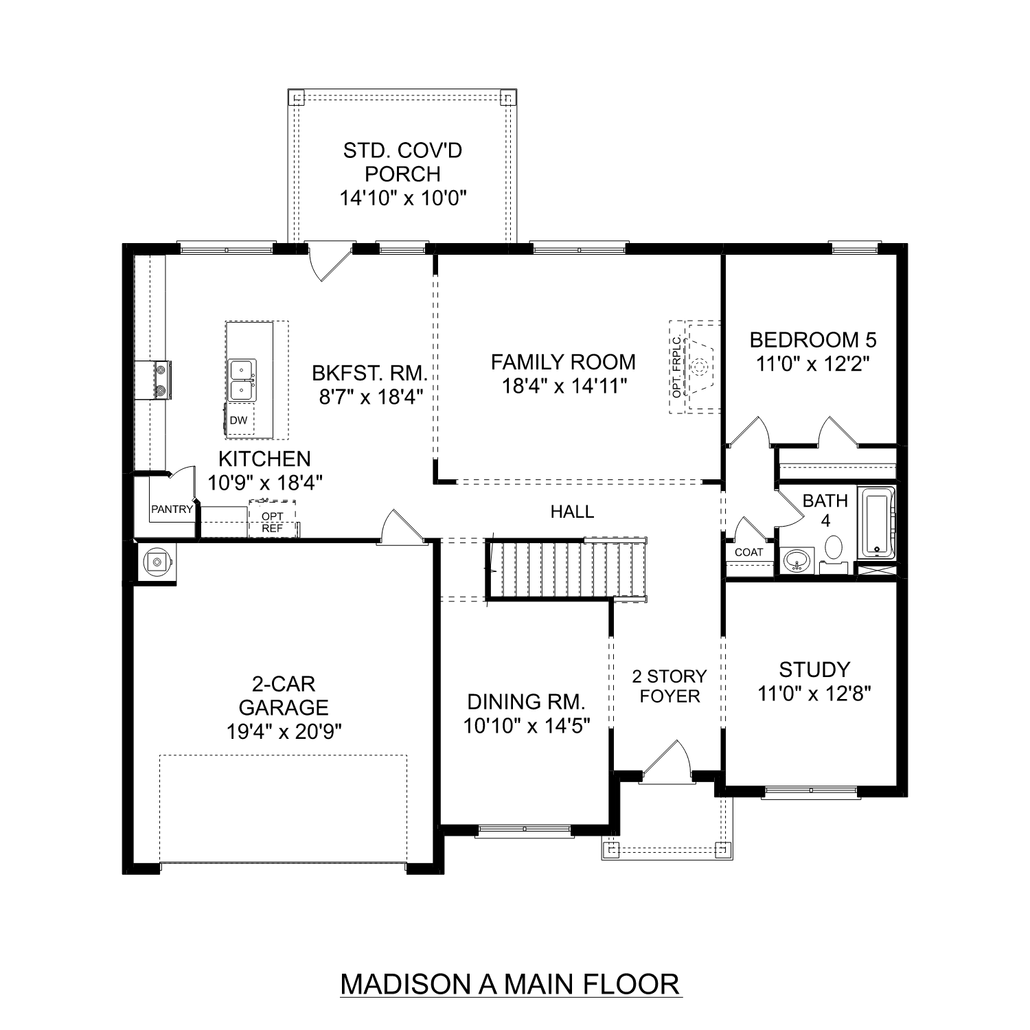 First floor plan of The Madison A featuring open family room, gourmet kitchen, dining area, study, and 2-car garage