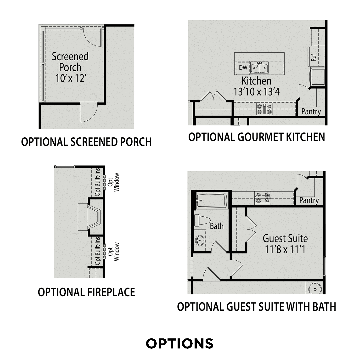 The Preston C optional floor plan features: screened porch, gourmet kitchen, fireplace, and guest suite with bath