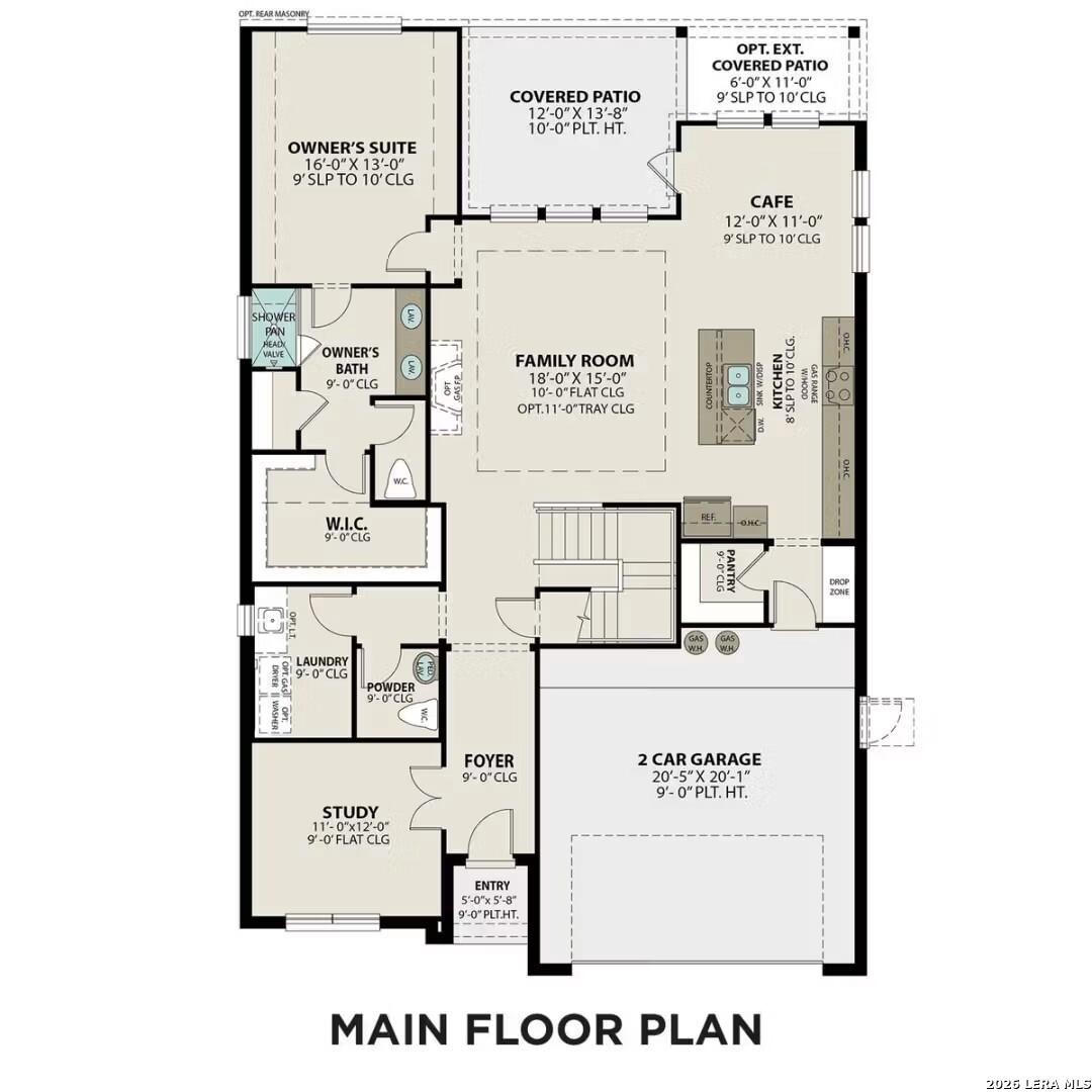 Main floor plan of The Sequoia B 4-bedroom home: owner's suite, open kitchen, family room, 2-car garage in Hickory Ridge, Elmendorf, Texas