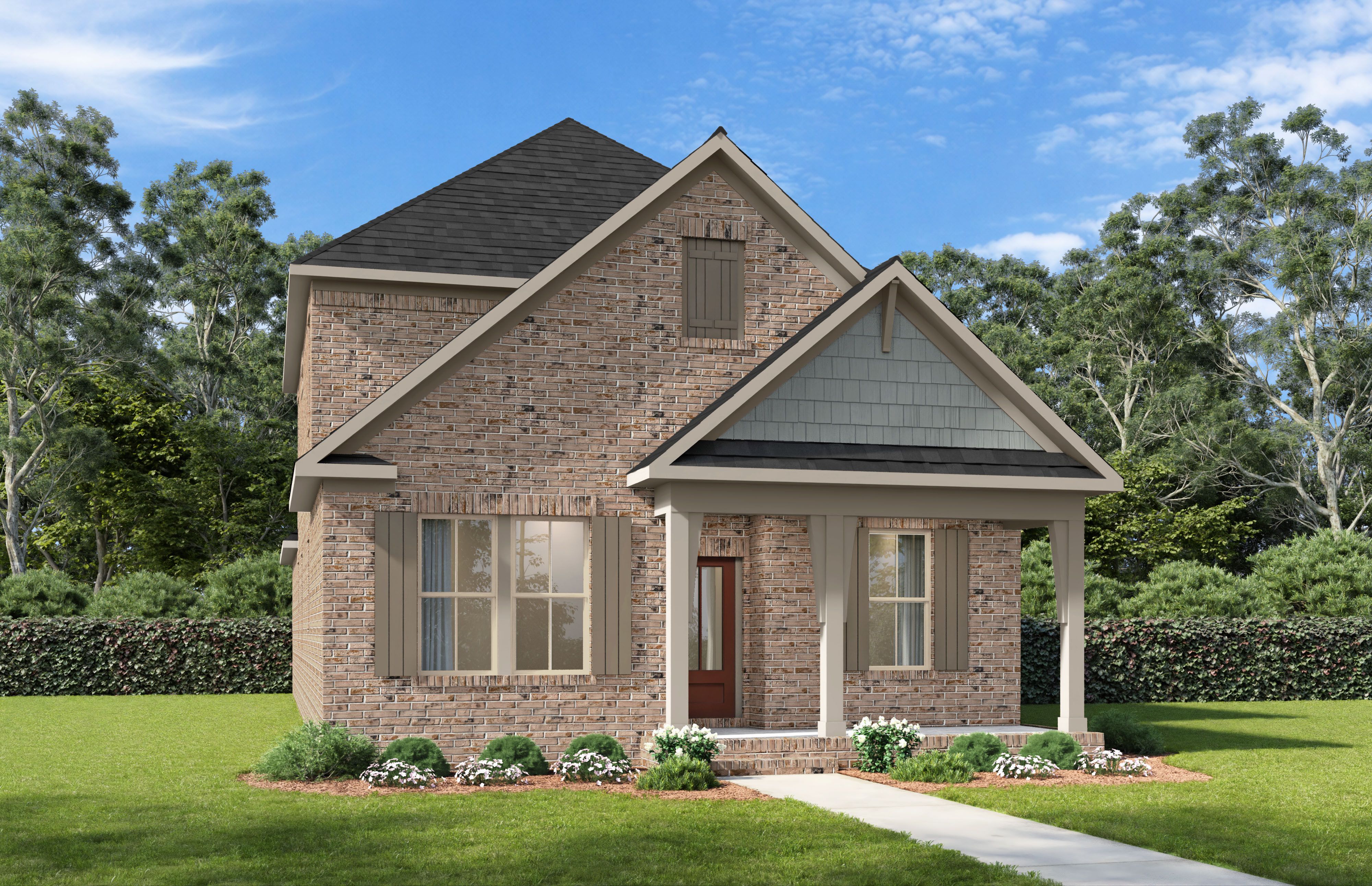 Front elevation of The Fairmont by Davidson Homes featuring brick exterior, covered porch, and gabled roofline in Mt. Juliet, TN